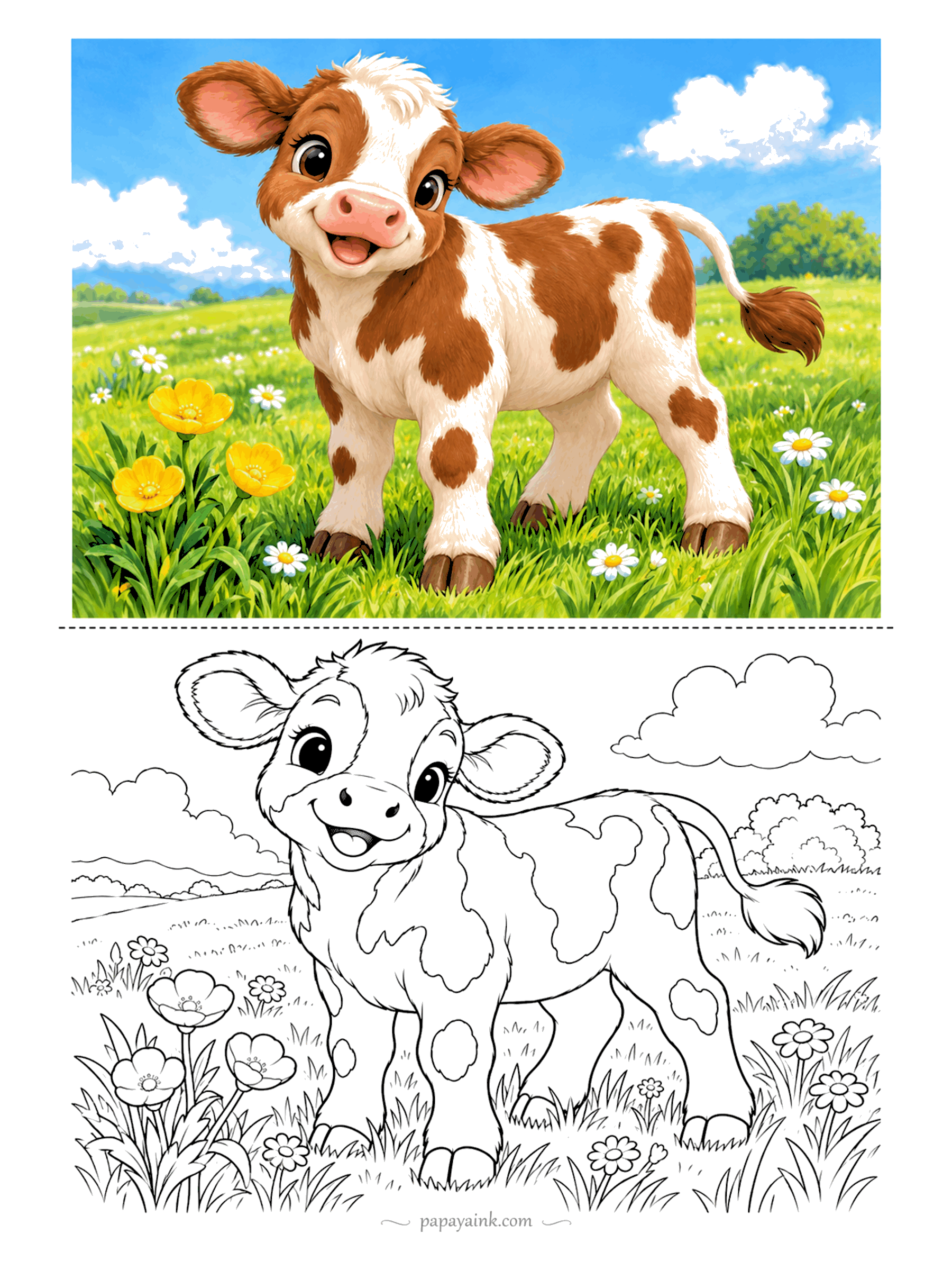 Cow Coloring Pages - Spotted calf in a buttercup meadow, ears out wide and a tail curled up in surprise. Clouds, a hedge and a far line of hills keep the background simple. Brown patches on cream, rose inside the ears - an easy page to start with.