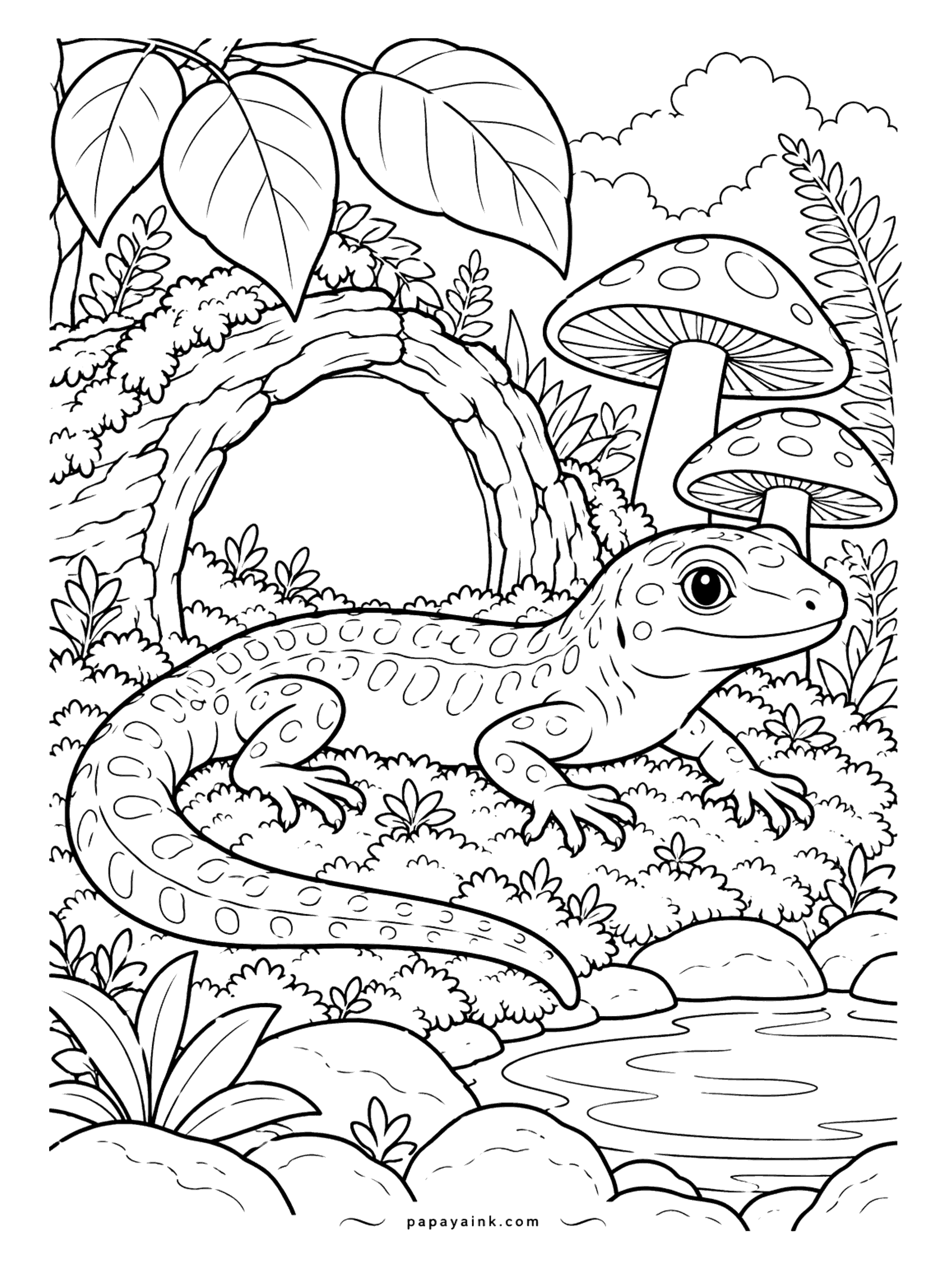 Lizard Coloring Pages - Mushrooms with spotted caps, a hollow log to hide in, moss underfoot and a puddle to drink from - a gecko's idea of a perfect enclosure. Earthy colors here: moss green, bark brown, a red cap for the fungi.
