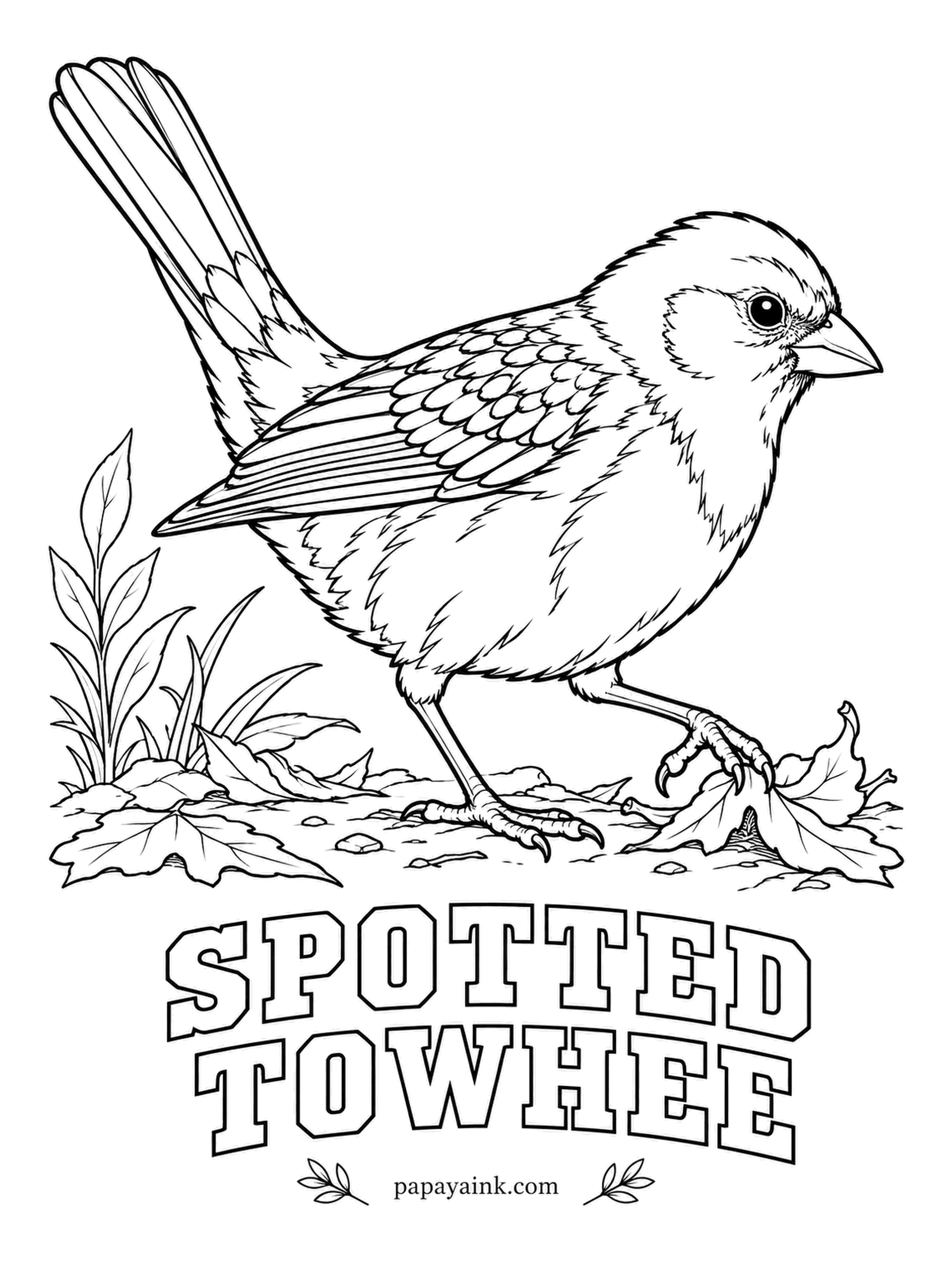 Realistic Bird Coloring Pages - Rustling in the leaf litter usually means a spotted towhee, hopping forward and kicking back with both feet at once to rake up insects. Black hood and back speckled with white spots, rusty sides, a white belly and red eyes.