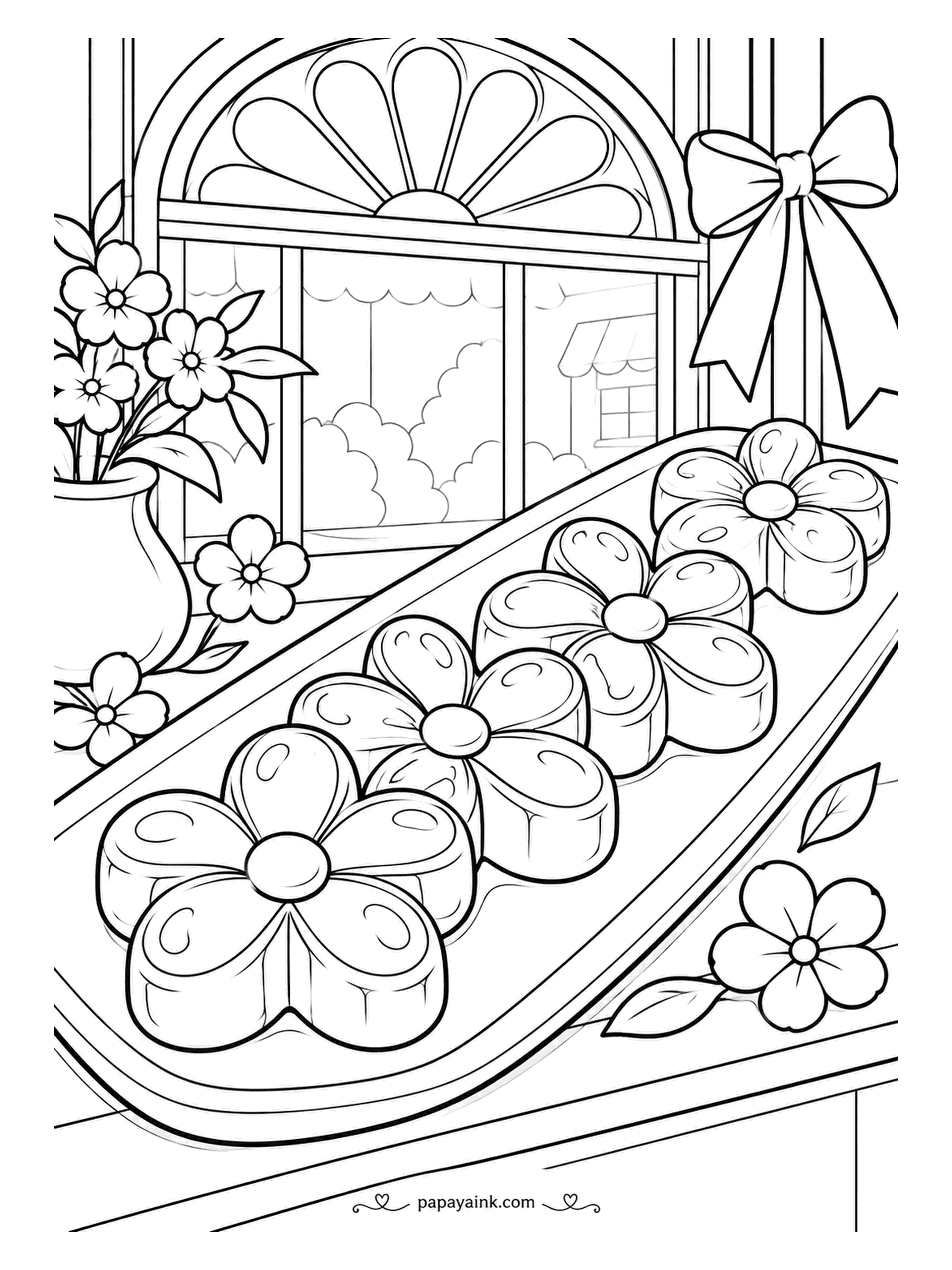 Candy Coloring Pages - Candy flowers in a row on an oval tray by the spring window, a jug of blossoms and a bow, with a fan light above. Five-petal shapes with a center dot, pastel petals, centers in yellow or white.