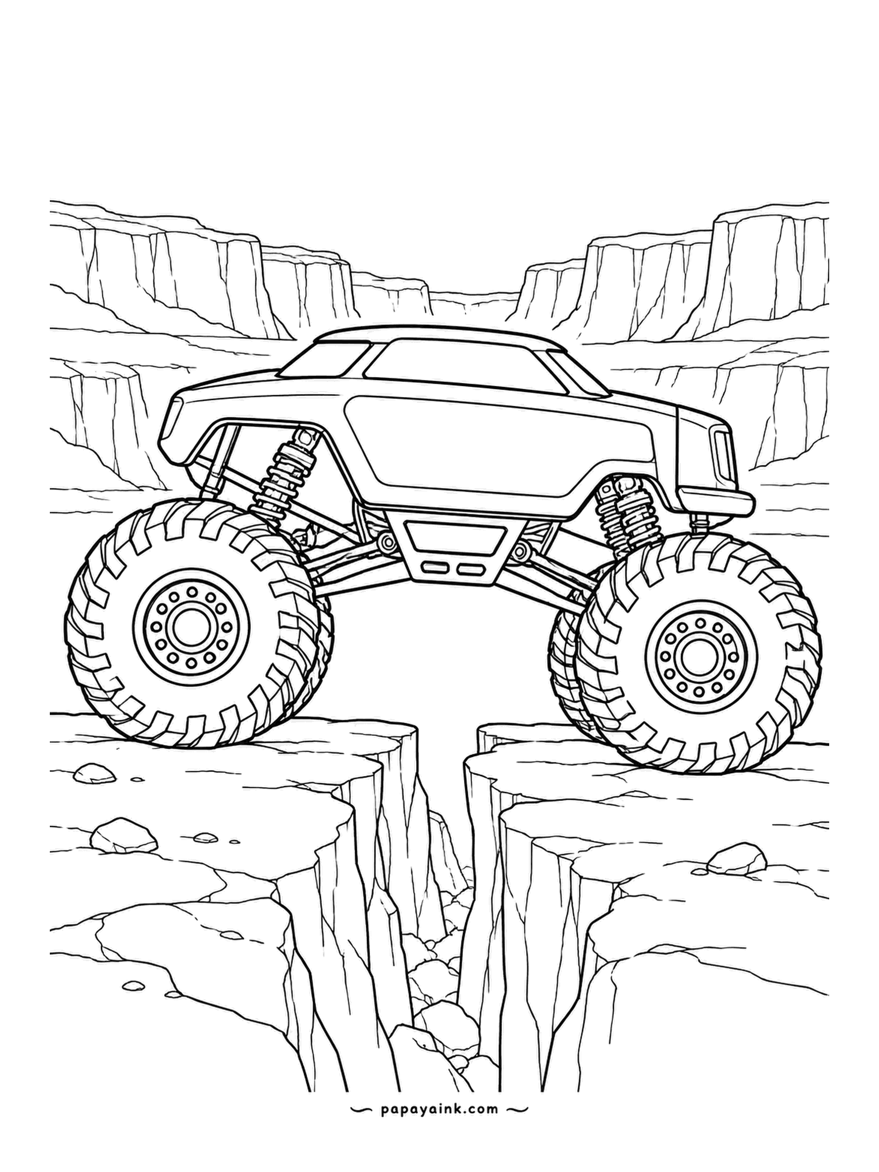 Monster Truck Coloring Pages - Straddling a crack in the canyon floor, front tires on one side and rear on the other, with mesas layered across the back. The square-portal runner is all flat panels. Sandstone shades, darker down in the crack.