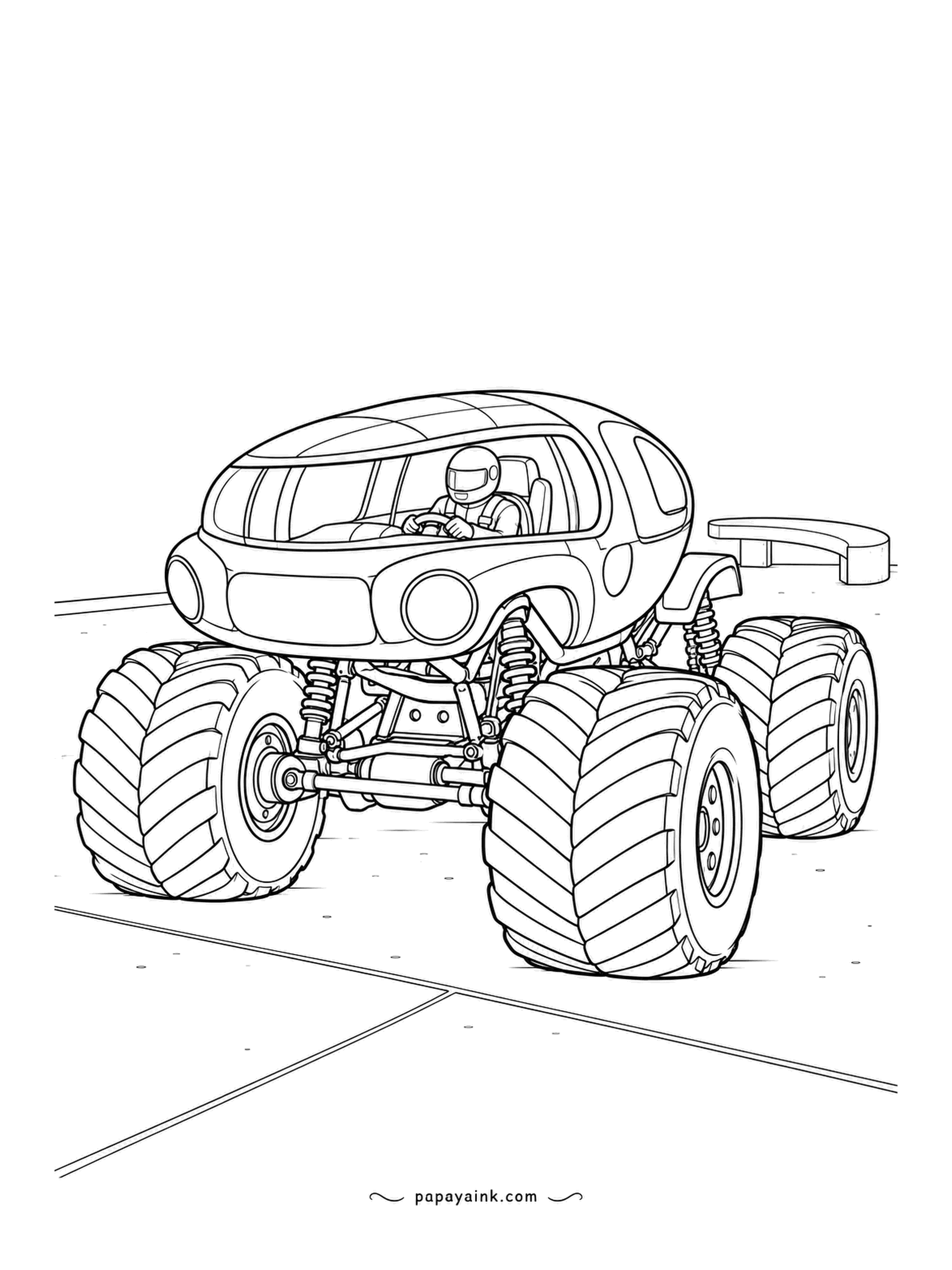 Monster Truck Coloring Pages - Portrait on an open plaza, a cab shaped like a squashed lens with the driver centered inside it. A cantilever bench floats at one side. White space everywhere - a quick one.