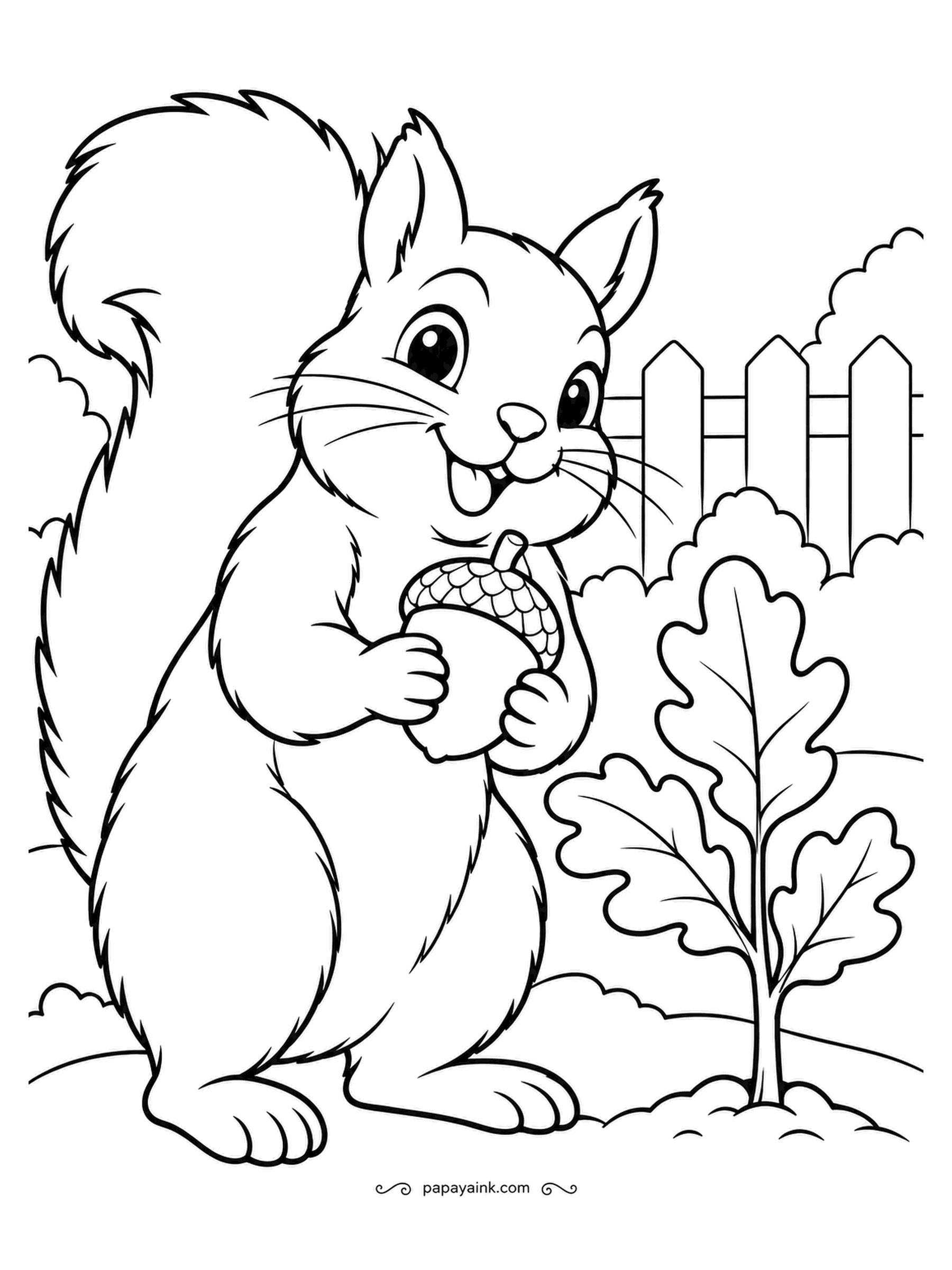 Garden Coloring Pages - A grinning squirrel clutches an acorn next to an oak seedling that has probably sprouted from one it buried and forgot. Gray or rusty red for the fur, both occur in nature; the tail wants long soft strokes rather than a flat fill.