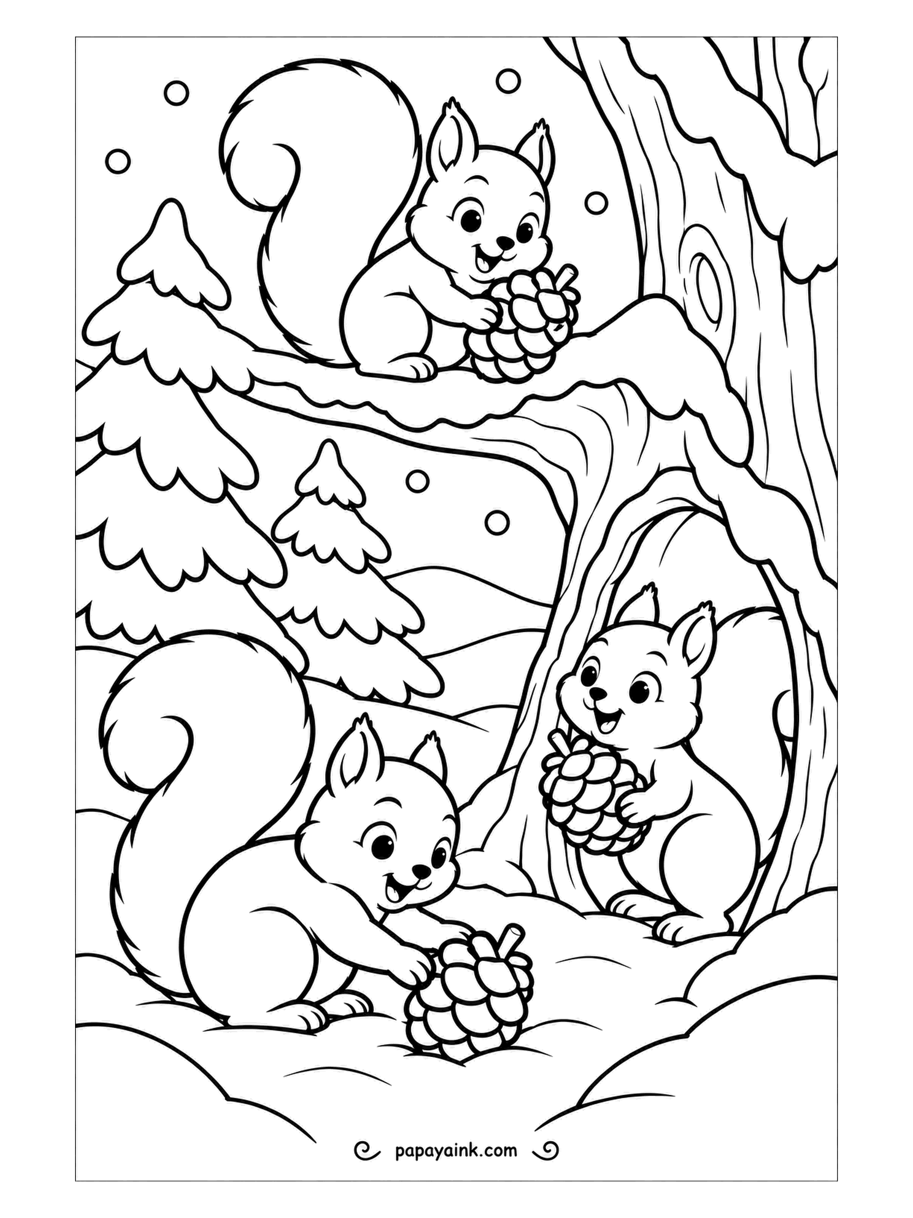 Free Printable Winter Coloring Pages - Three squirrels, three pinecones: one on the branch, one in the tree hollow, one digging in the snow. Firs and a few flakes frame the big trunk. Reds and browns for the squirrels, and leave the snow on the branches untouched.