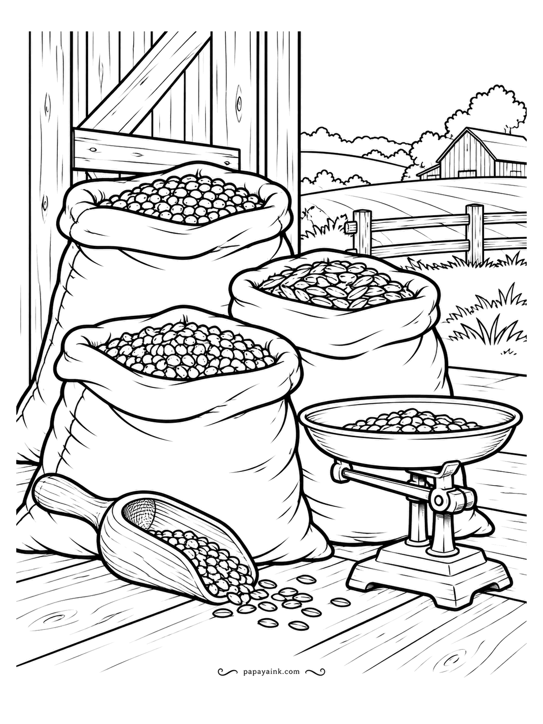 Farm Coloring Pages - Open sacks of seed stacked in the barn, a wooden scoop spilling a few kernels and a balance scale ready for weighing. Burlap tan for the sacks, and three different seed colors so the sacks do not match.