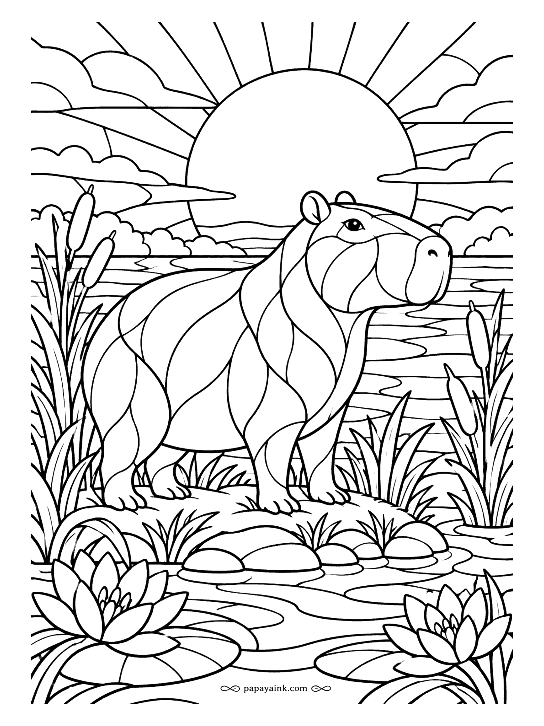 Capybara Coloring Pages - Curved panes of stained glass make up the body, and the sunset rays run like lead lines across the sky. Warm oranges above and cool blues in the water make the brown panes stand out.