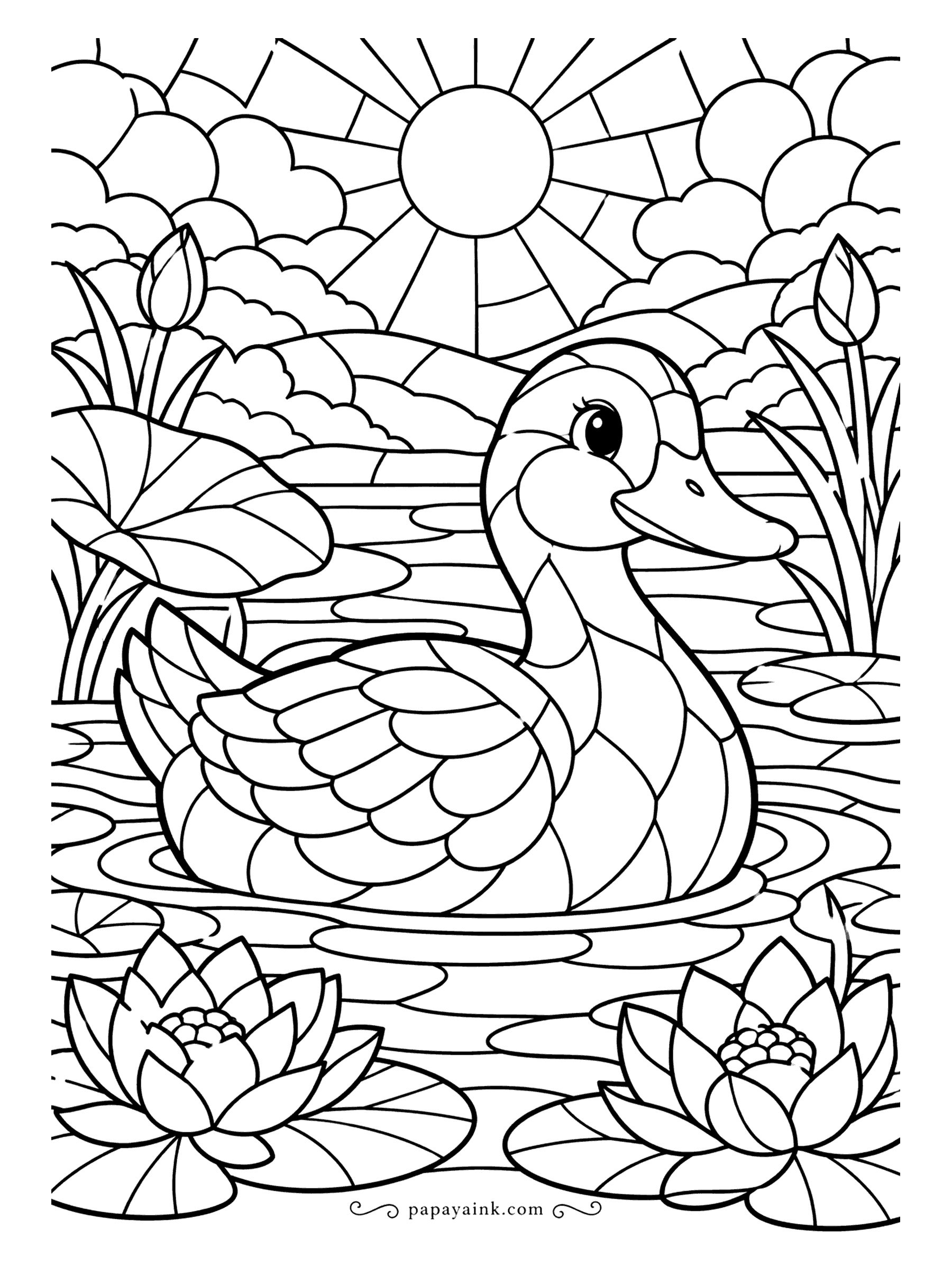 Duck Coloring Pages - Every surface here - sky, sun, water, lotus and the duck herself - is broken into leaded glass panes. Color each piece on its own and leave the black lines thick, as if light were coming through.