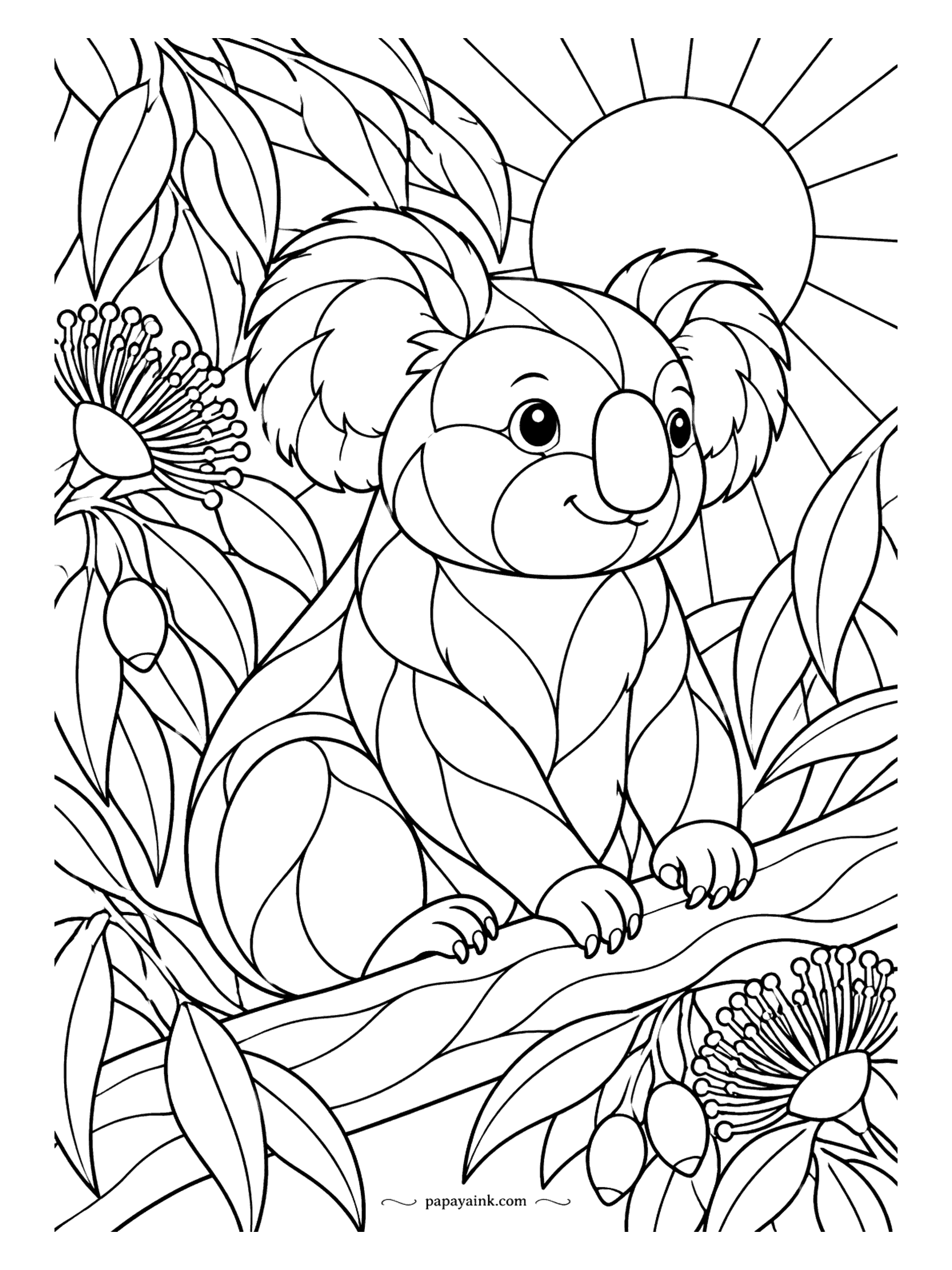 Koala Coloring Pages - Lead lines split this koala into glass panes, with the sun coming up behind its ears and blossoms framing the branch. Give each pane a slightly different shade so the light seems to pass through.