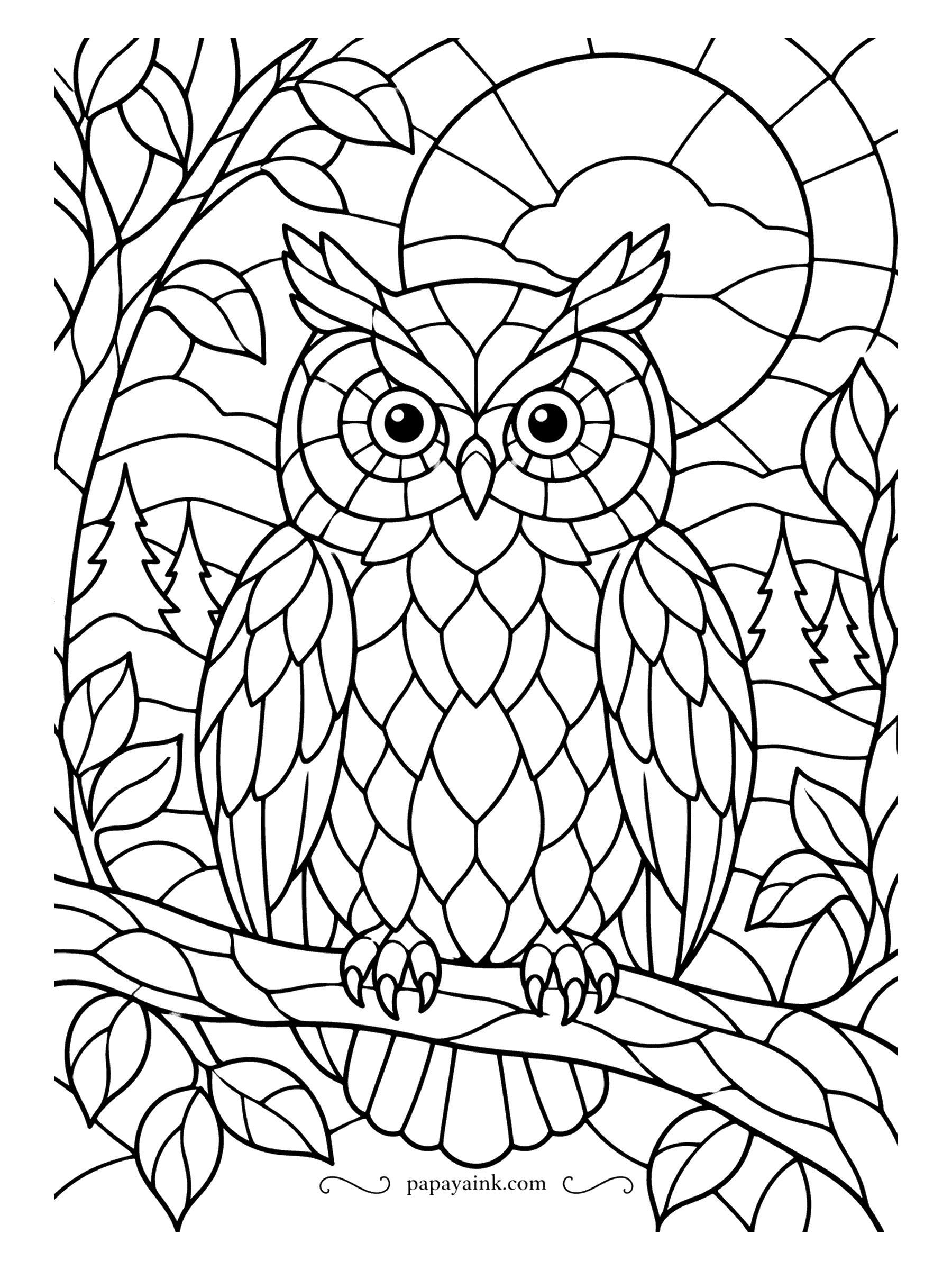 Owl Coloring Pages - Stained glass, with the sky cut into panes and a low sun behind the owl on its branch. The heavy leading between the shapes does the outlining for you. Color each pane flat and solid, as if light were coming through it.