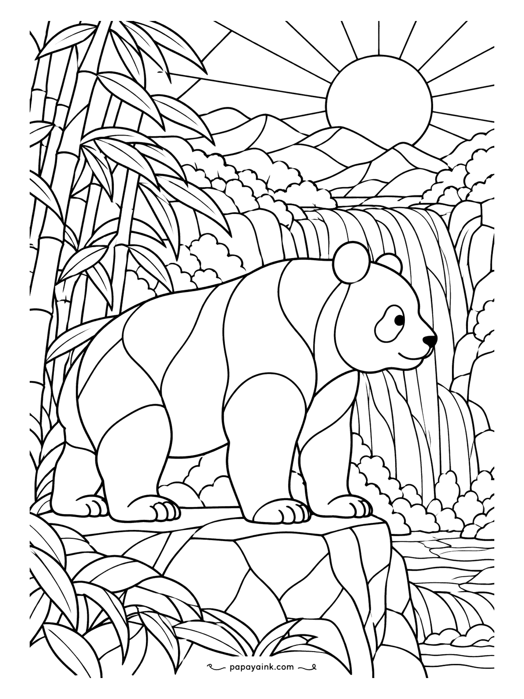 Panda Coloring Pages - Glass panes instead of fur. The panda stands on a ledge beside a waterfall while the sunrise splits into wedges of sky behind it. Pick a palette for the sky first and let the rest follow it.