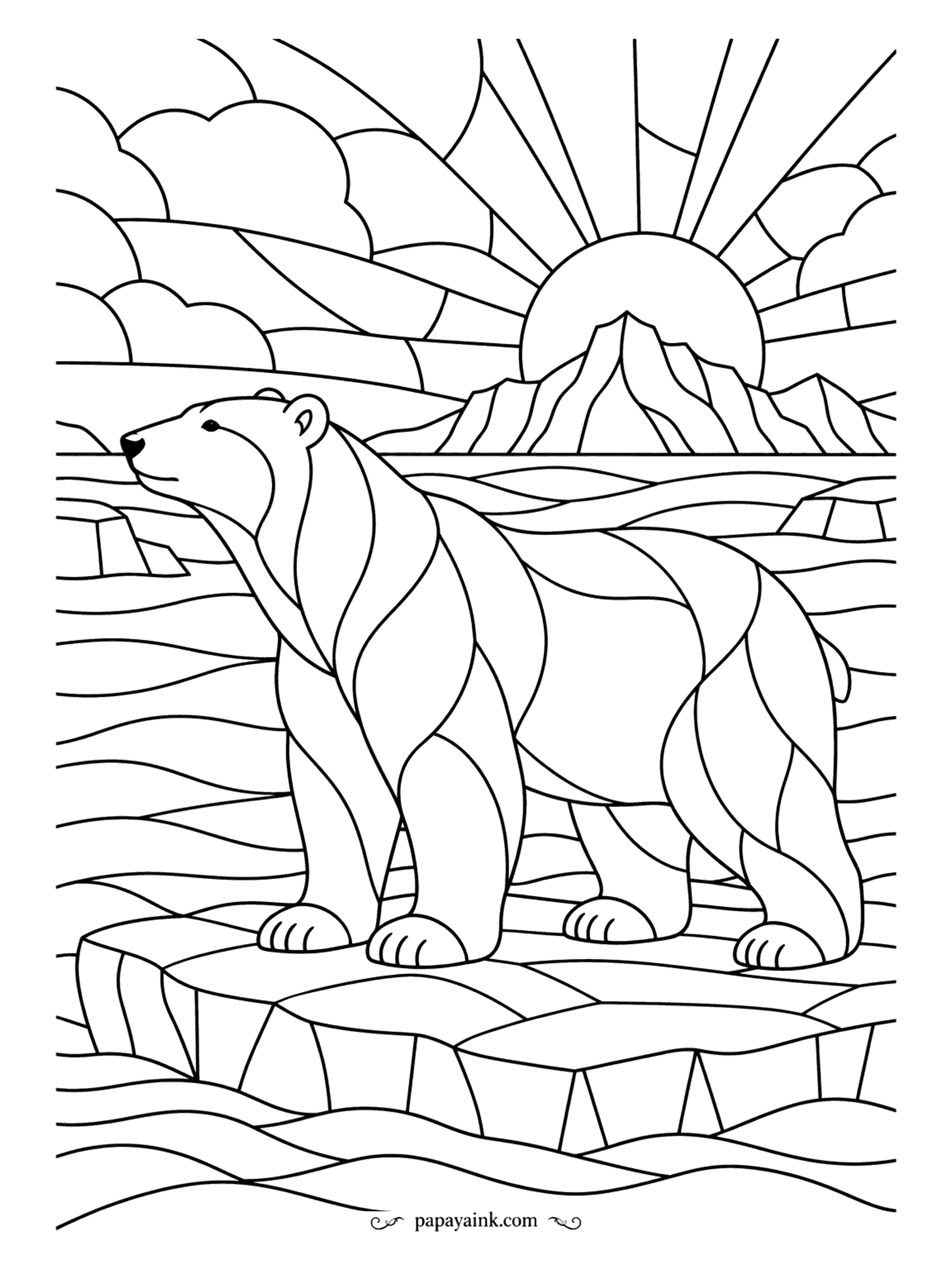Polar Bear Coloring Pages - Stained glass turns the bear, the sea and the setting sun into a hundred little panes, each one waiting for its own shade. Outline the leading in black first, then warm colors above the horizon and cool ones below.