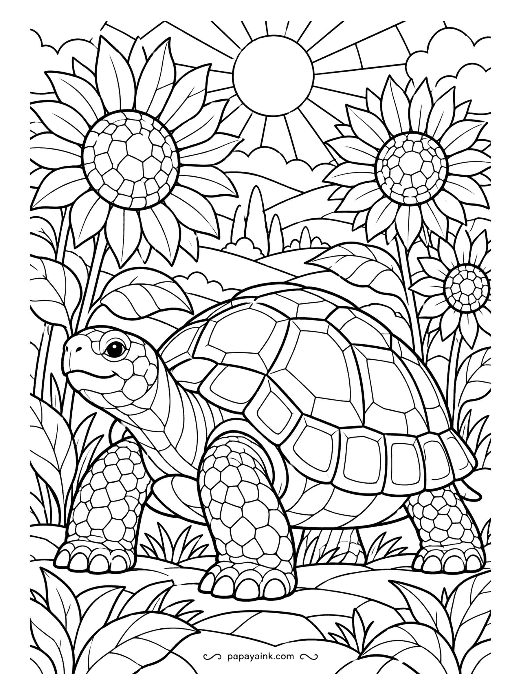 Turtle Coloring Pages - Leaded lines divide this tortoise, the sunflowers and the sky into glass panes, with the sun as a round window at the top. Fill each pane in a single color and leave the thick lines black for the stained-glass effect.