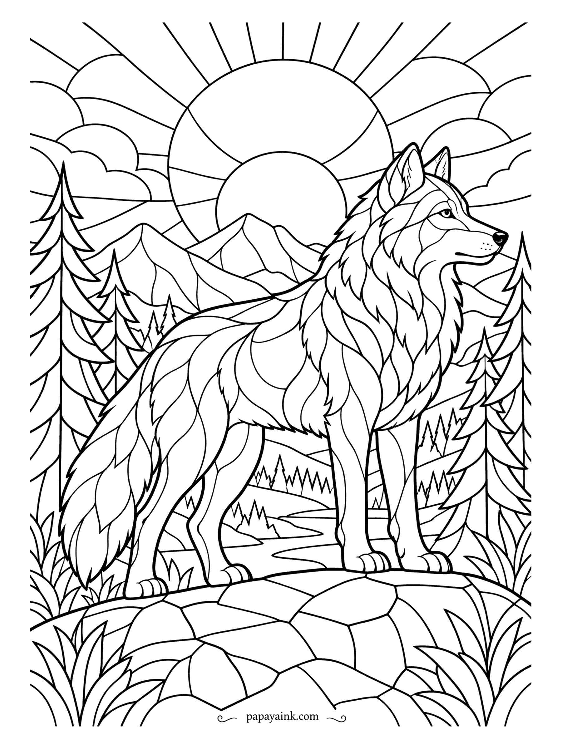 Wolf Coloring Pages - Stained-glass wolf at sunrise, every pane of sky, fur and hillside outlined in heavy lead lines. Fill each pane with one flat color and leave the lines black for the window effect.