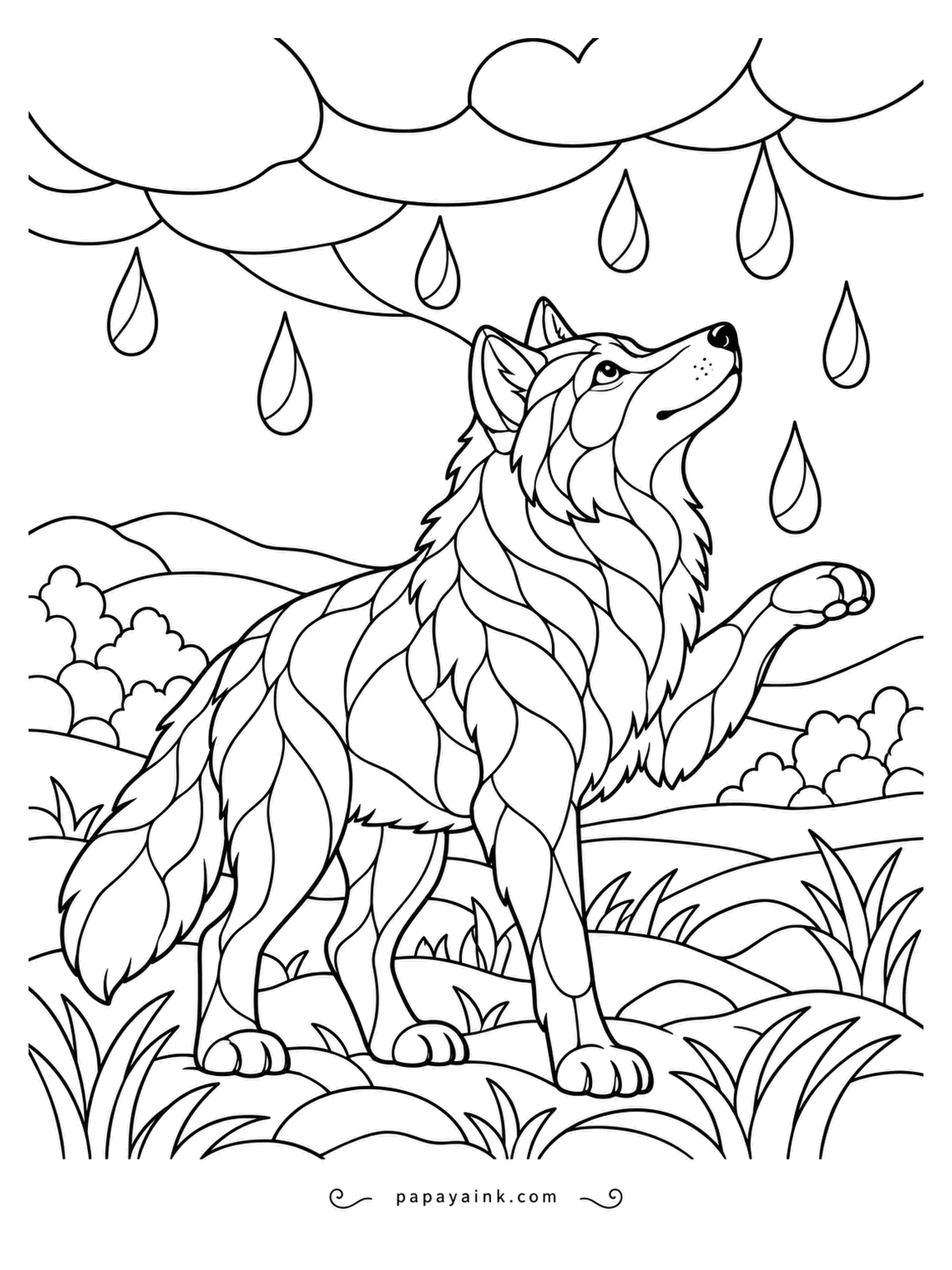 Wolf Coloring Pages - Rain begins to fall in fat drops from a scalloped cloud, and the stained-glass wolf lifts one paw to test it. Fill each panel of fur with a slightly different gray and the coat starts to glow like real glass.