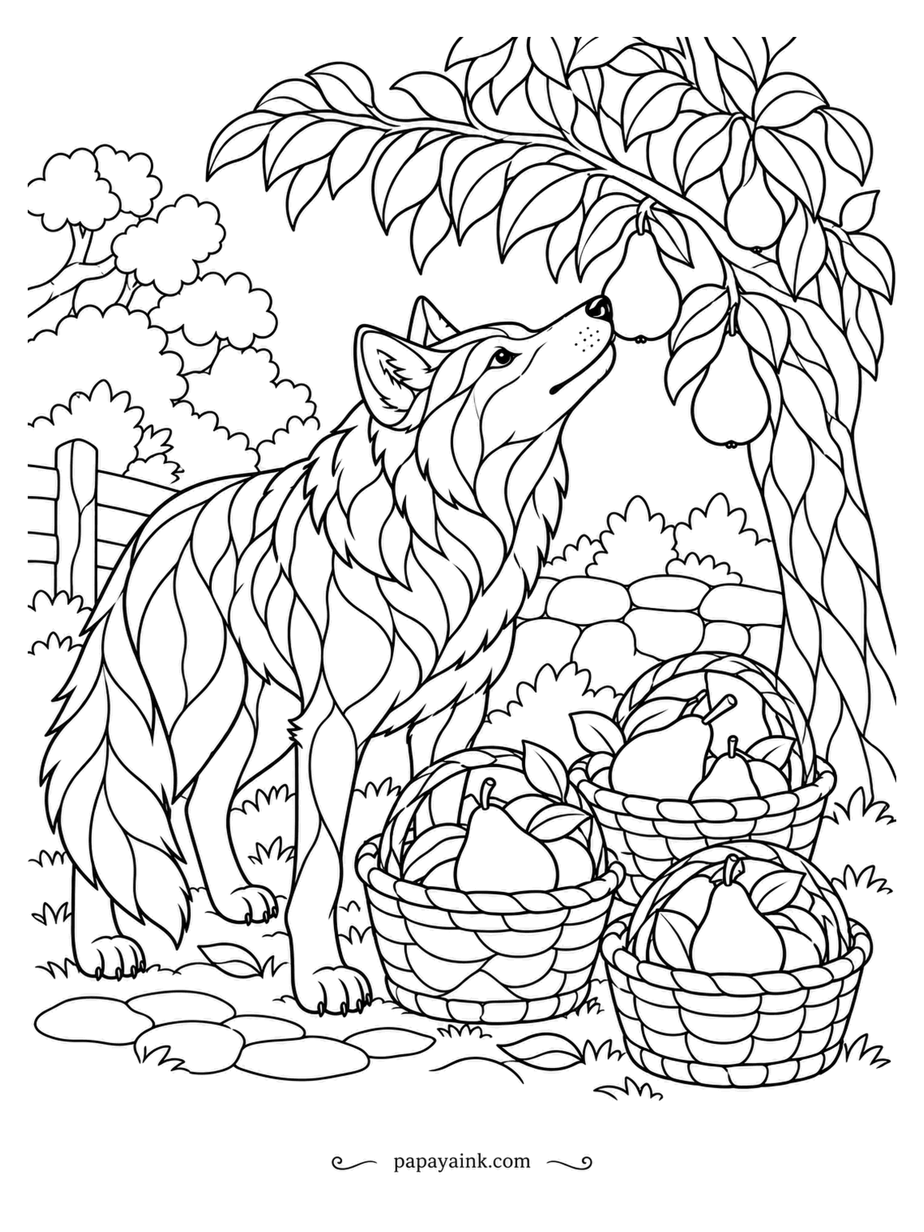 Wolf Coloring Pages - Pears hang low over the stone wall, three baskets are already full, and the wolf has stopped to sniff the ripest one still on the branch. Stained-glass panels throughout; warm golds and greens work well. Detailed.