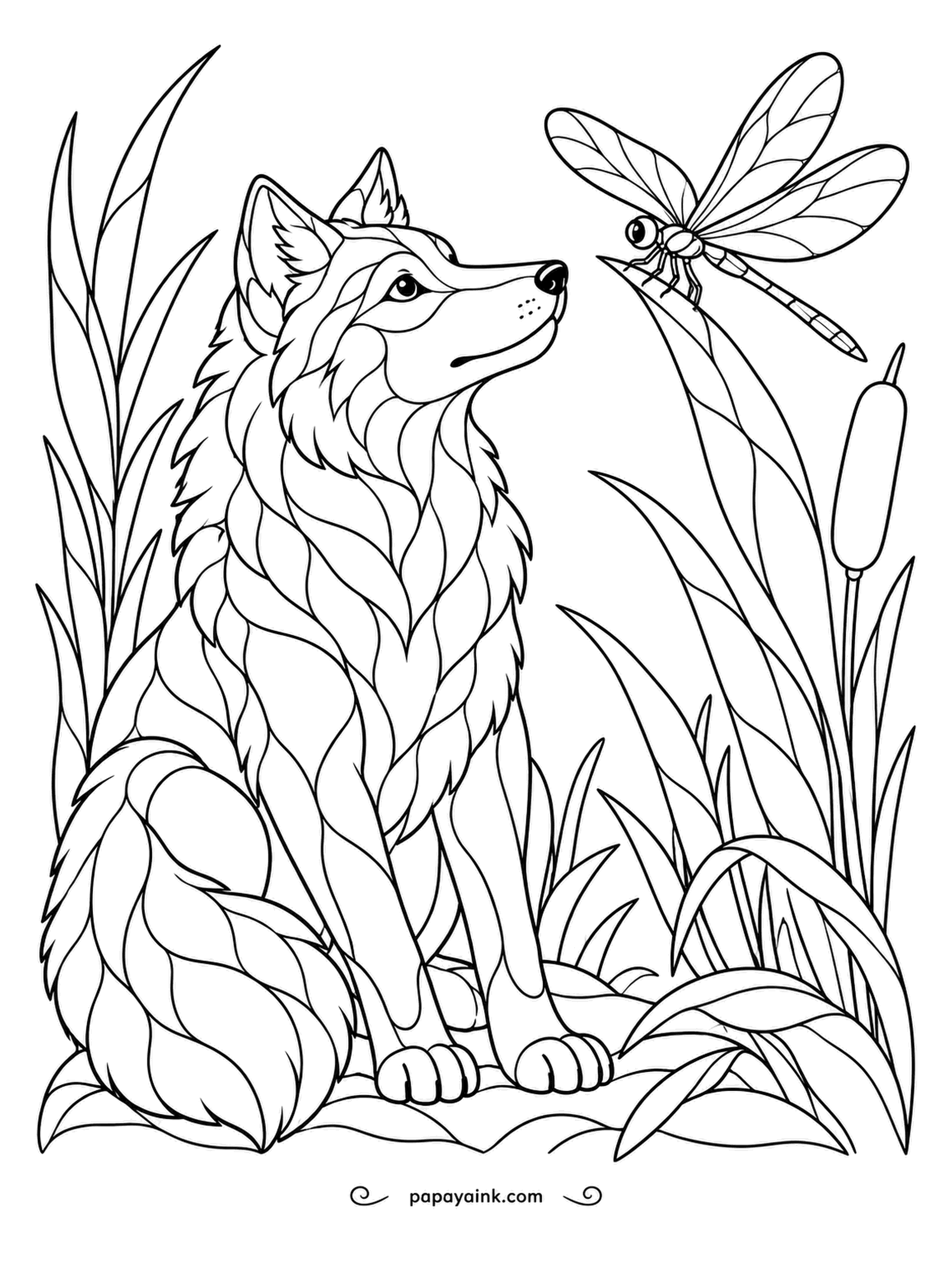 Wolf Coloring Pages - Sitting very still among the cattails, the wolf has made friends with a dragonfly perched on a reed tip. Neither is willing to blink first. Glassy greens and blues for the wings, warm taupe panels for the body.