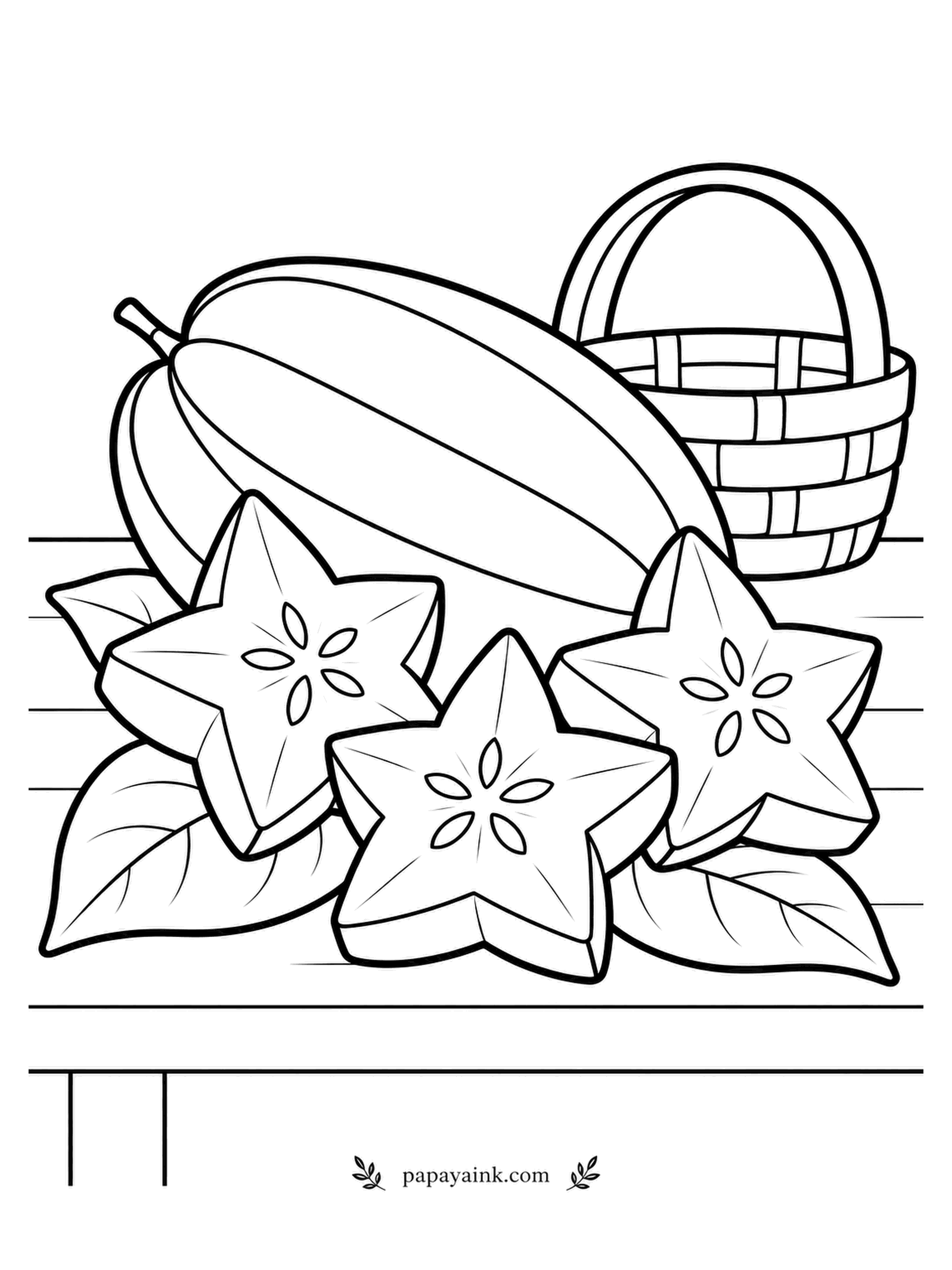 Fruit Coloring Pages - Slice a star fruit crosswise and every piece comes out a five-point star; the whole fruit on the leaf shows the ridges that make it happen. Basket at the back, three stars in front. Waxy yellow with a touch of green on the edges.