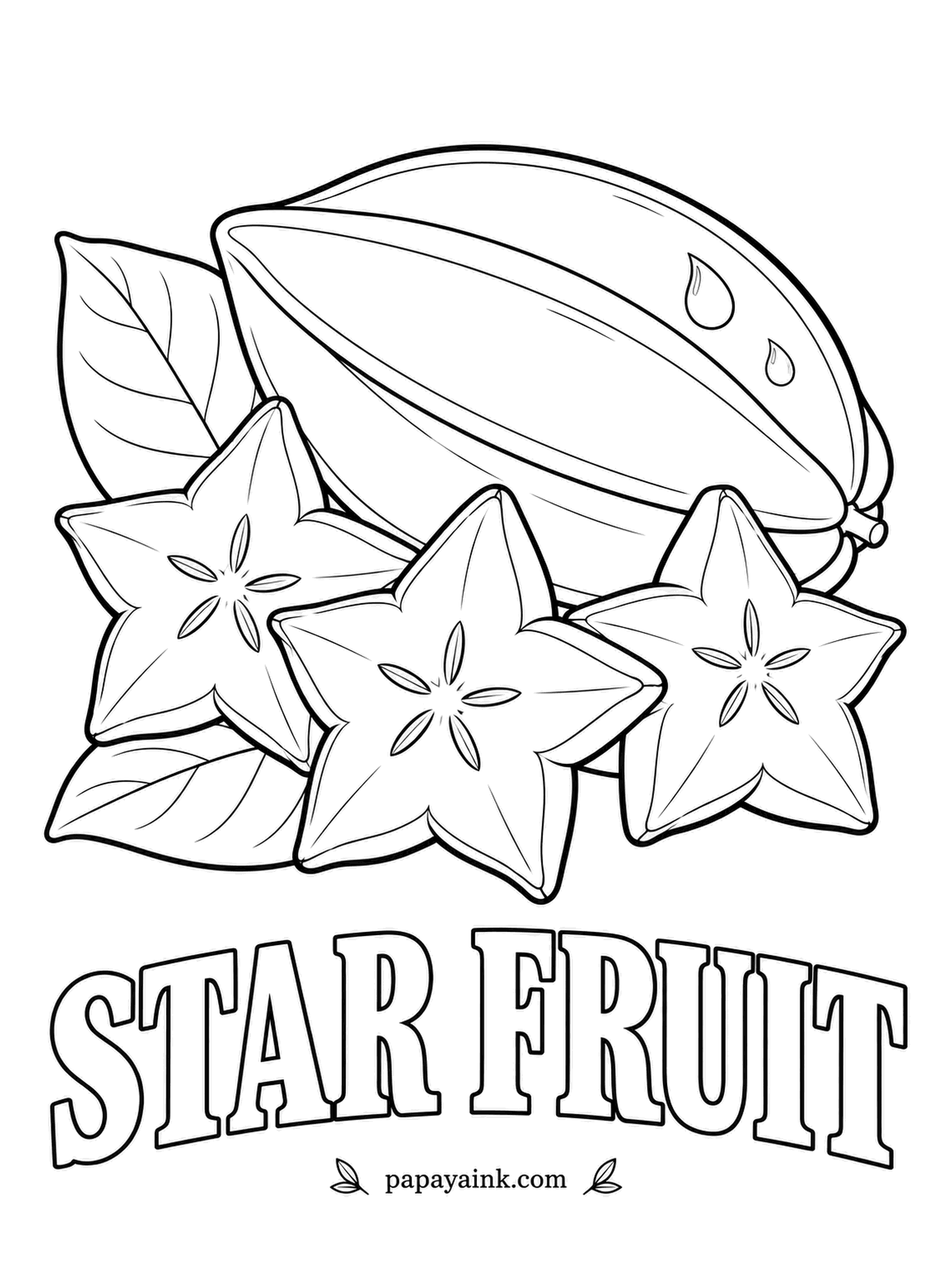Printable Fruit Coloring Pages - Star fruit whole and in three slices, which is how it earns its name. Waxy yellow with brown along each of the five ridges when it is ripe, and a lighter, translucent yellow for the slices.