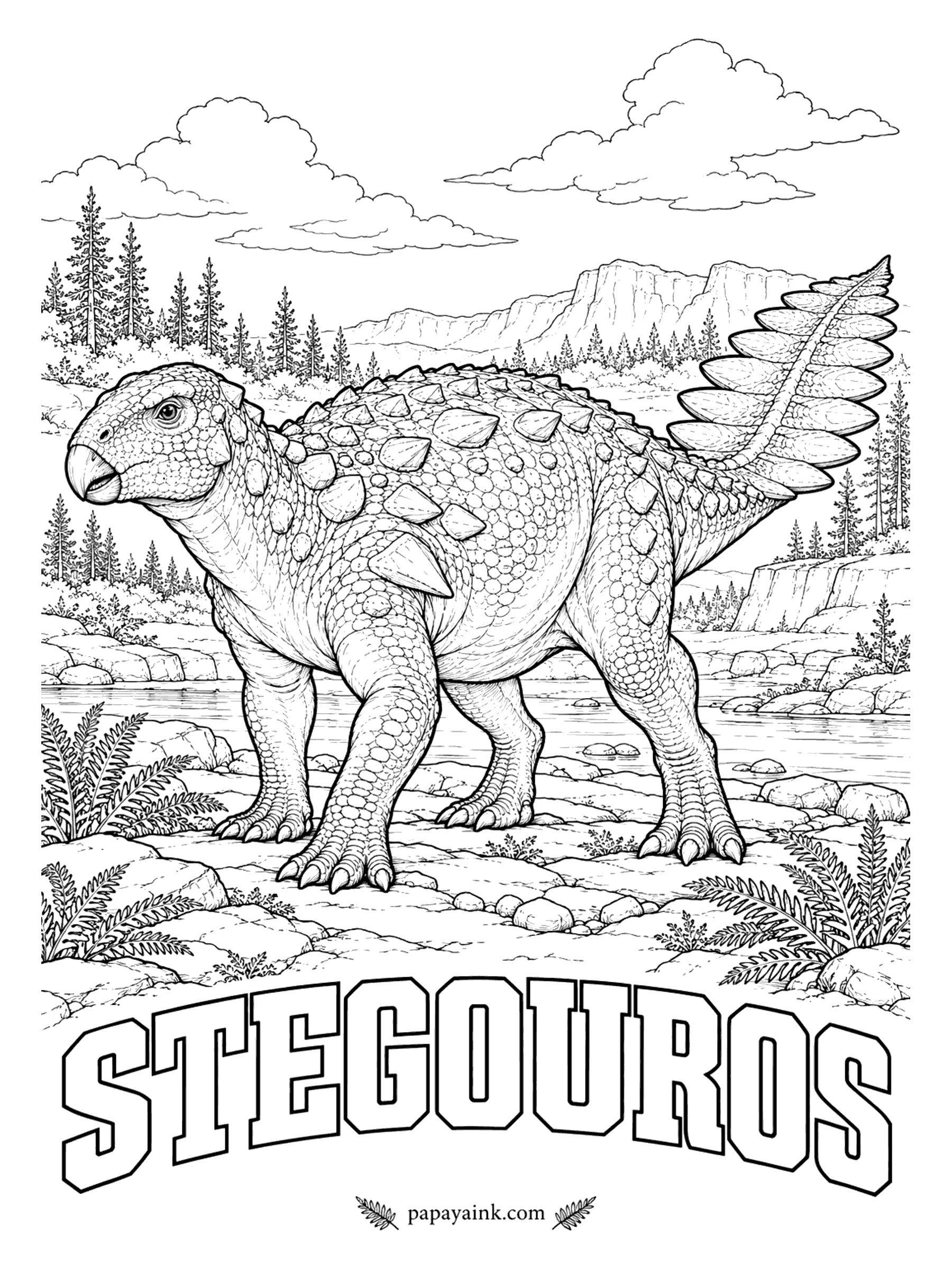 Free Printable Dinosaur Coloring Pages - Seven pairs of bony blades turn the end of the tail into a flat frond, a weapon like nothing else among dinosaurs; scientists compared it to an Aztec war club. Stegouros (steh-GOO-ross, roofed tail) was a small armored plant-eater about 6 feet long, described in 2021. Southern Chile, about 73 million years ago.