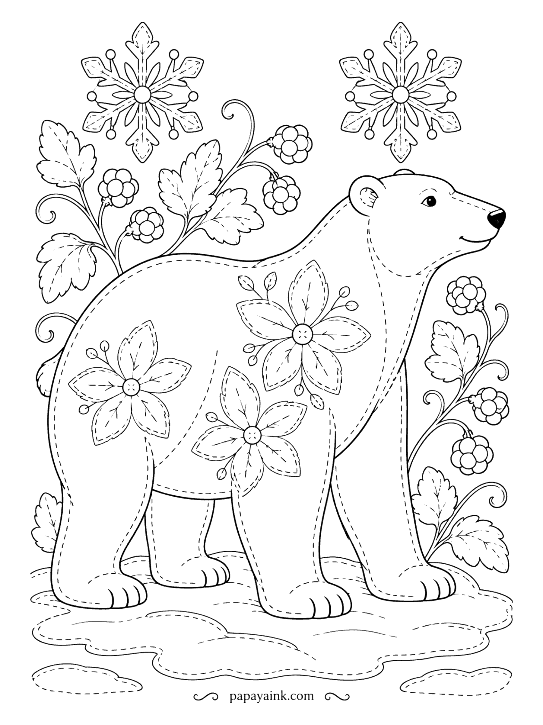 Polar Bear Coloring Pages - Dashed stitch lines run along every edge of this patchwork bear, with embroidered blossoms on its flank and berry sprigs and snowflakes around it. Detailed. Color it like fabric: muted calico prints, one hue per patch.