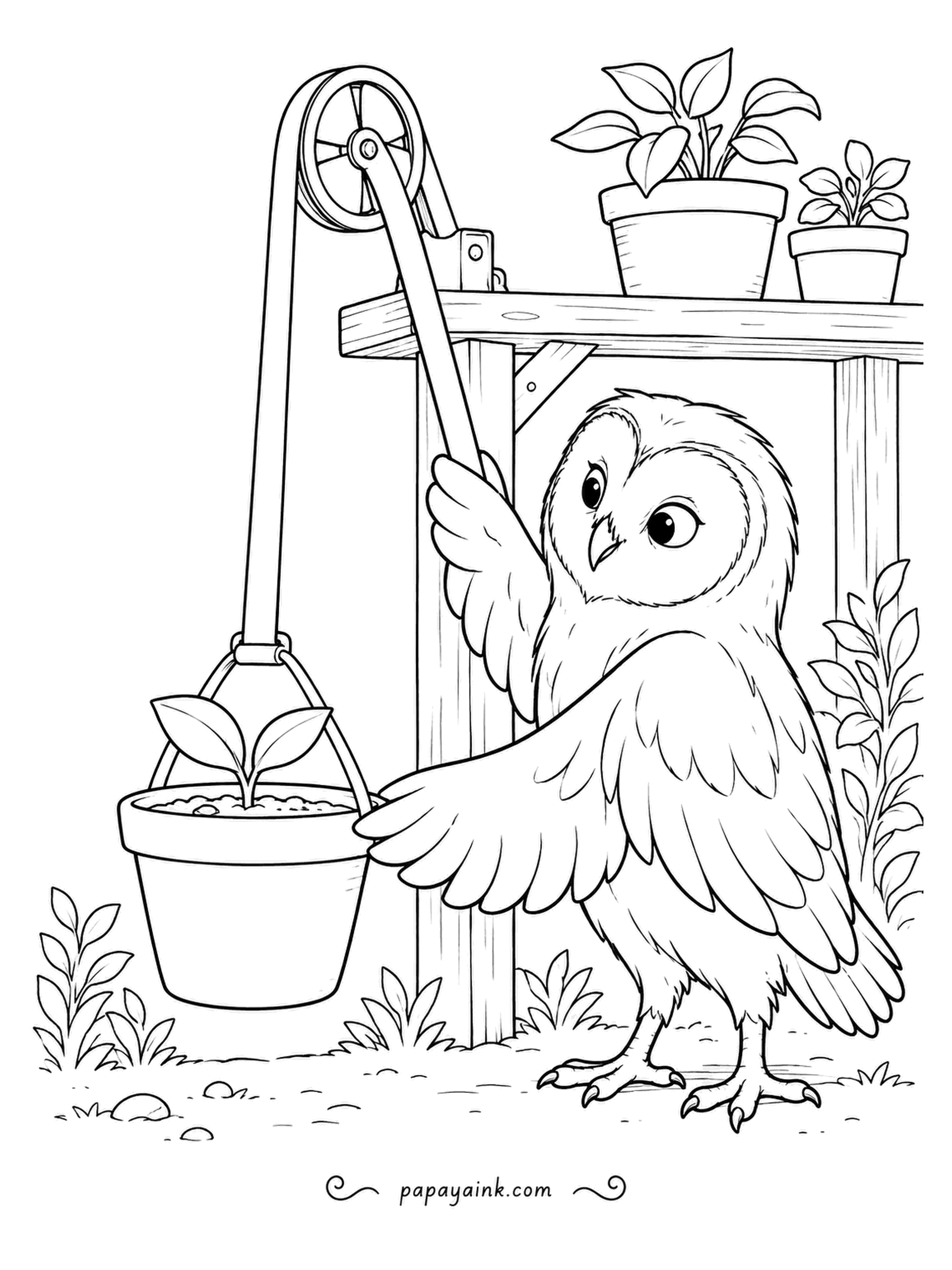 Owl Coloring Pages - A pulley wheel, a rope and a potted seedling slowly coming down from the shelf. The gardener steadies the pot so nothing spills. Detailed garden scene with plenty of leaves.