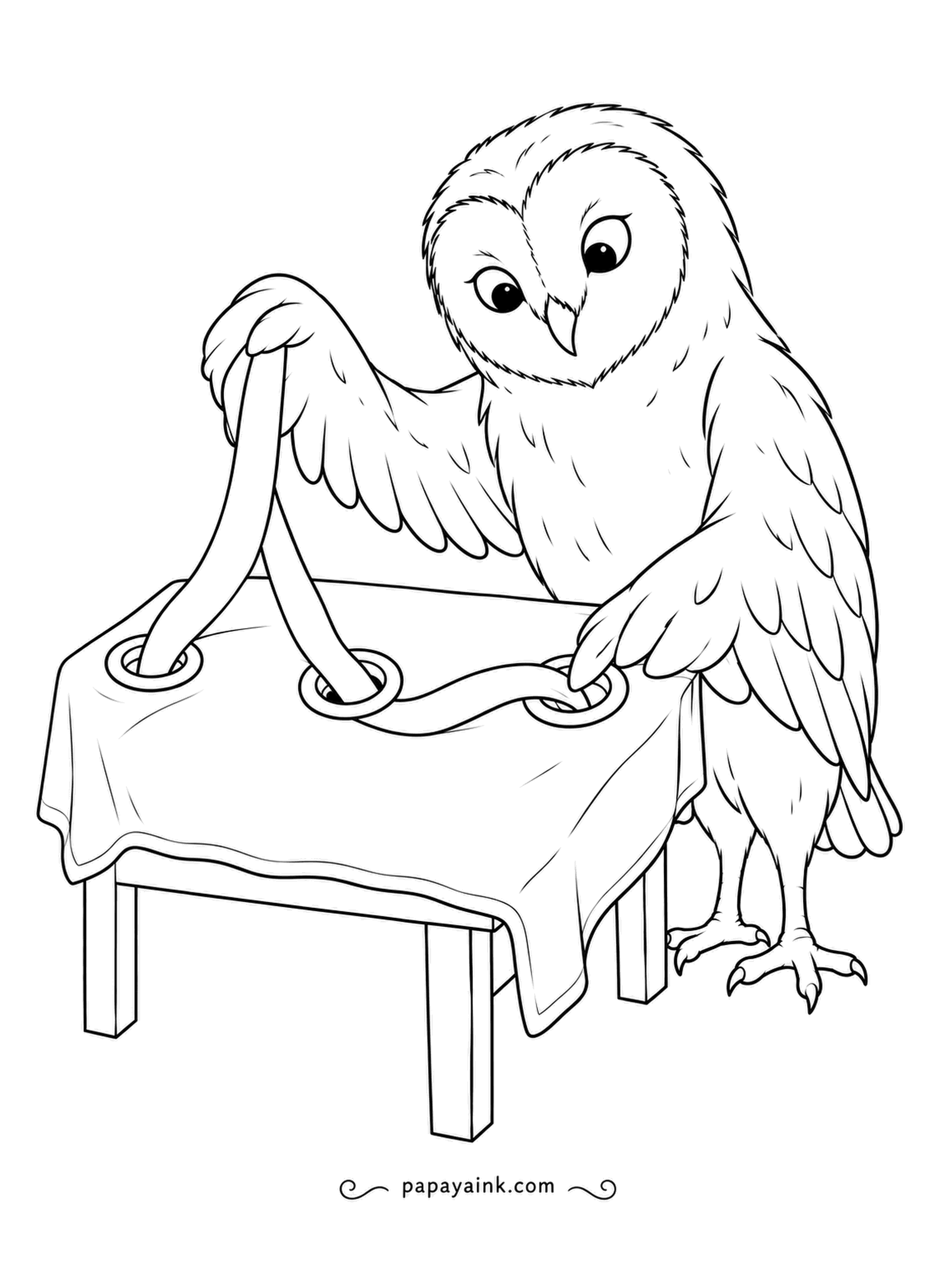 Owl Coloring Pages - Cord through brass eyelets, pulled snug by an owl busy along the edge of the picnic cloth. A patient, careful job. Gentle shading - try a checked pattern on the cloth.