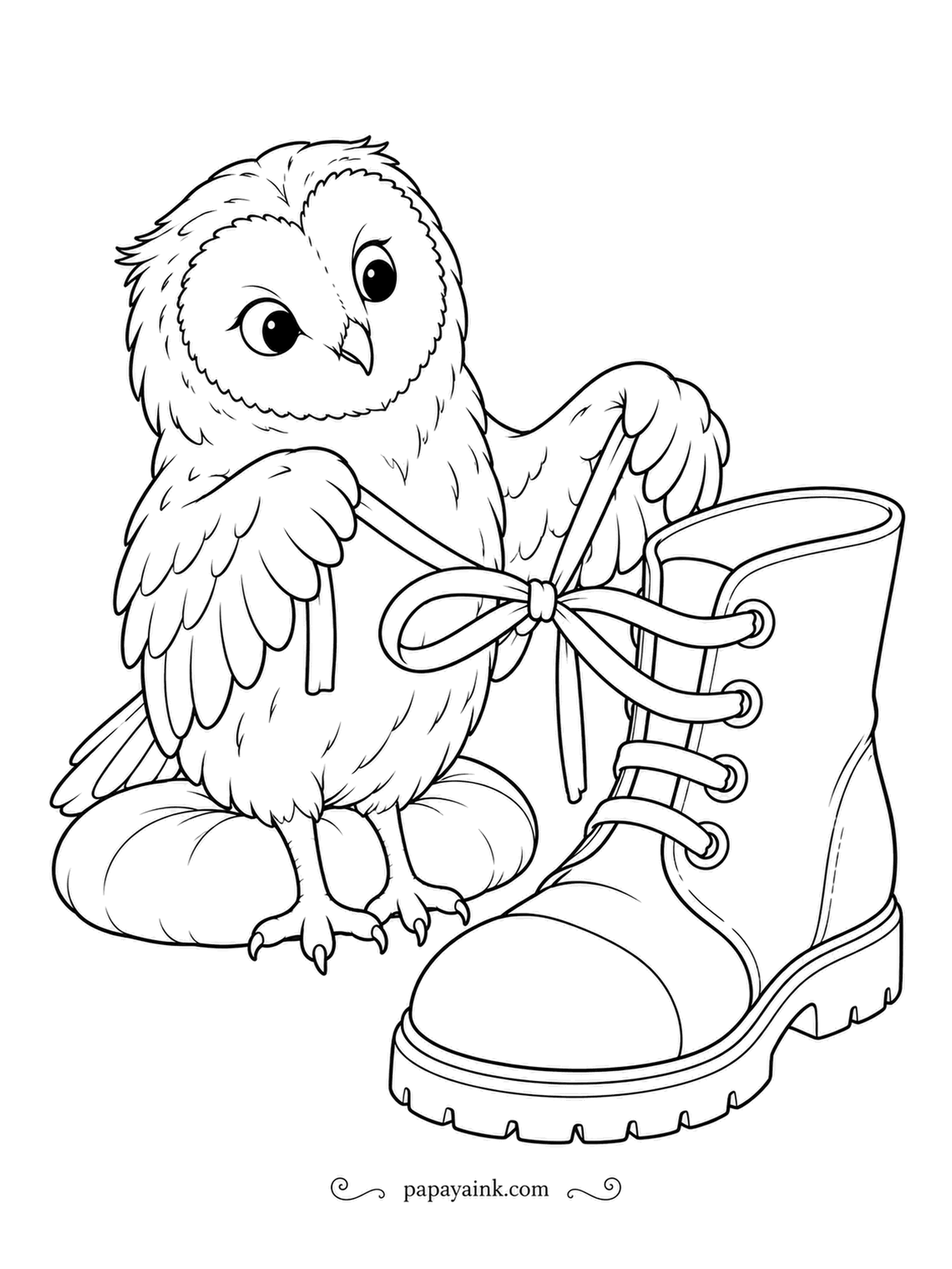 Owl Coloring Pages - Laces through every eyelet, and now the hardest part: a neat bow. The owl concentrates very hard on a boot several times its size. Detailed feathers and a chunky boot sole.