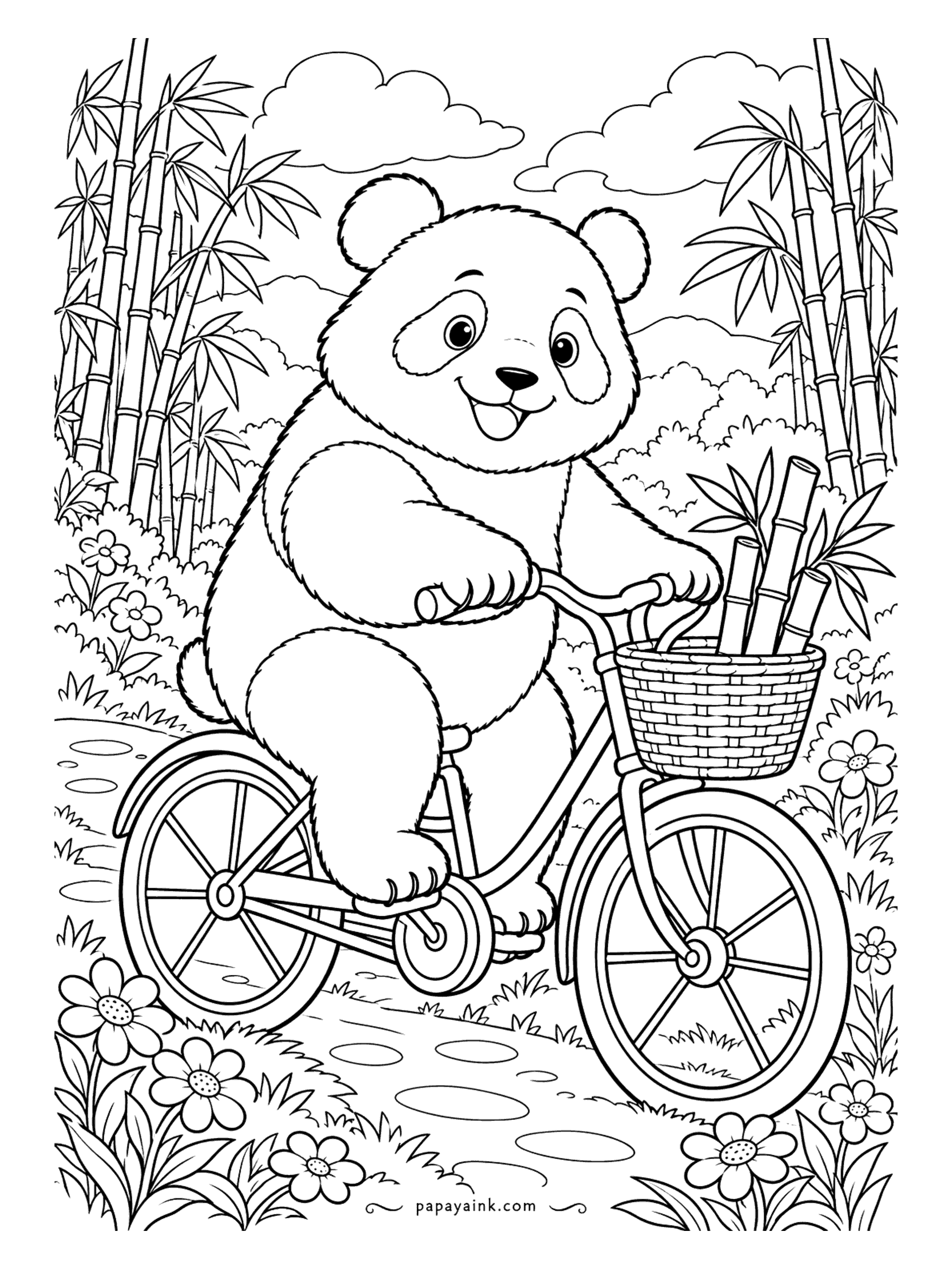 Panda Coloring Pages - Pedaling along a flower-lined path, the panda has a basket full of bamboo stalks and nowhere particular to be. Kids will want it bright; the bike frame is the place for a surprise color.