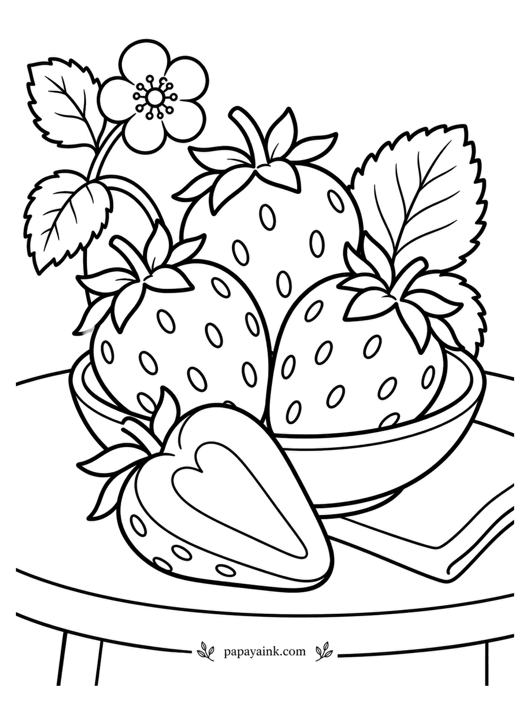 Fruit Coloring Pages - Strawberries in a bowl with a white blossom and leaves rising above them, one berry halved in front to reveal the pale heart. The seeds sit on the outside of the fruit, so: small yellow dots on red, green caps on top. Detailed.