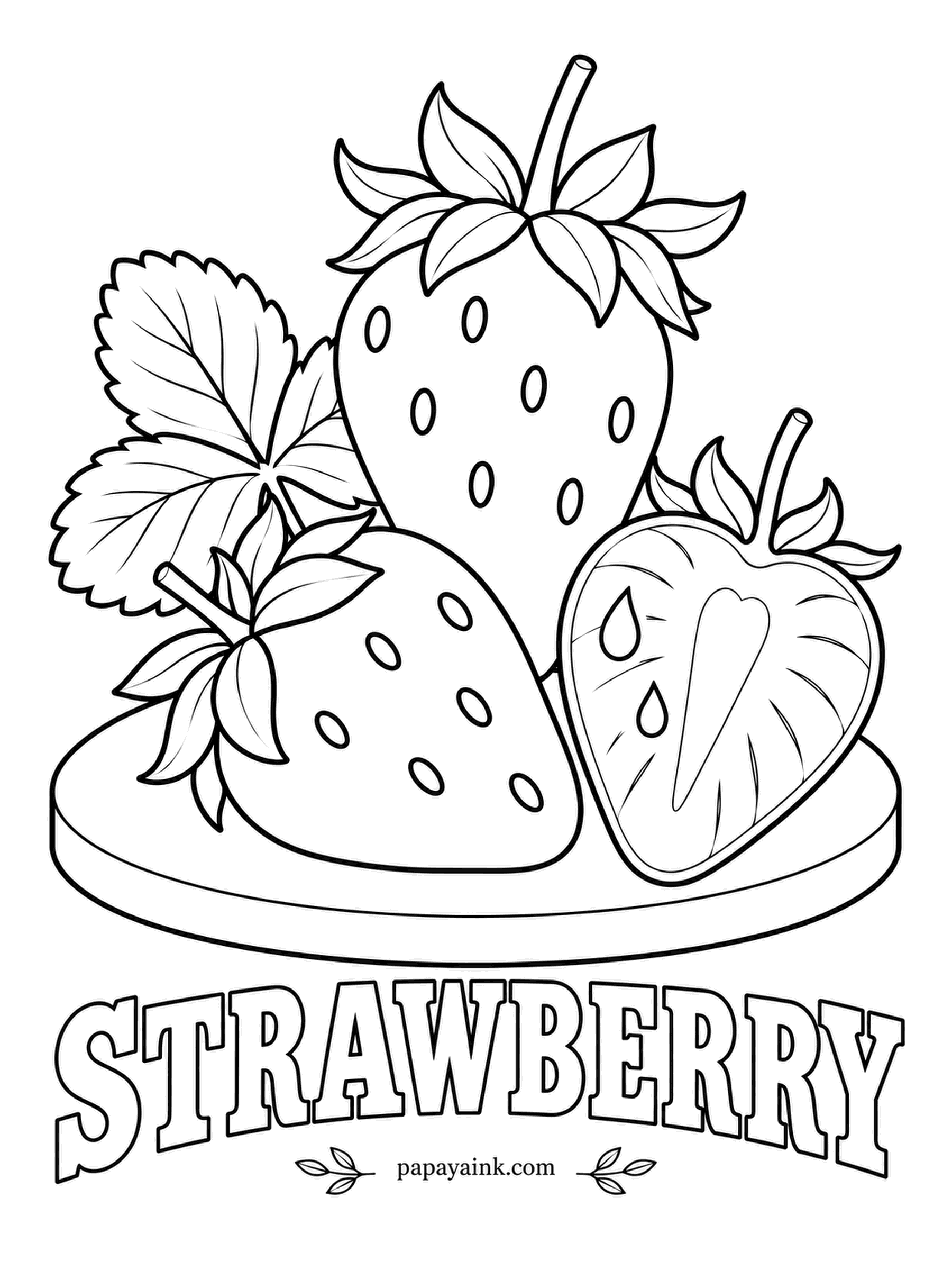 Printable Fruit Coloring Pages - Three berries, one sliced through to the pale heart. The seeds sit on the outside of a strawberry, each in its own little dimple, so a dab of yellow on every seed is the detail that makes it.