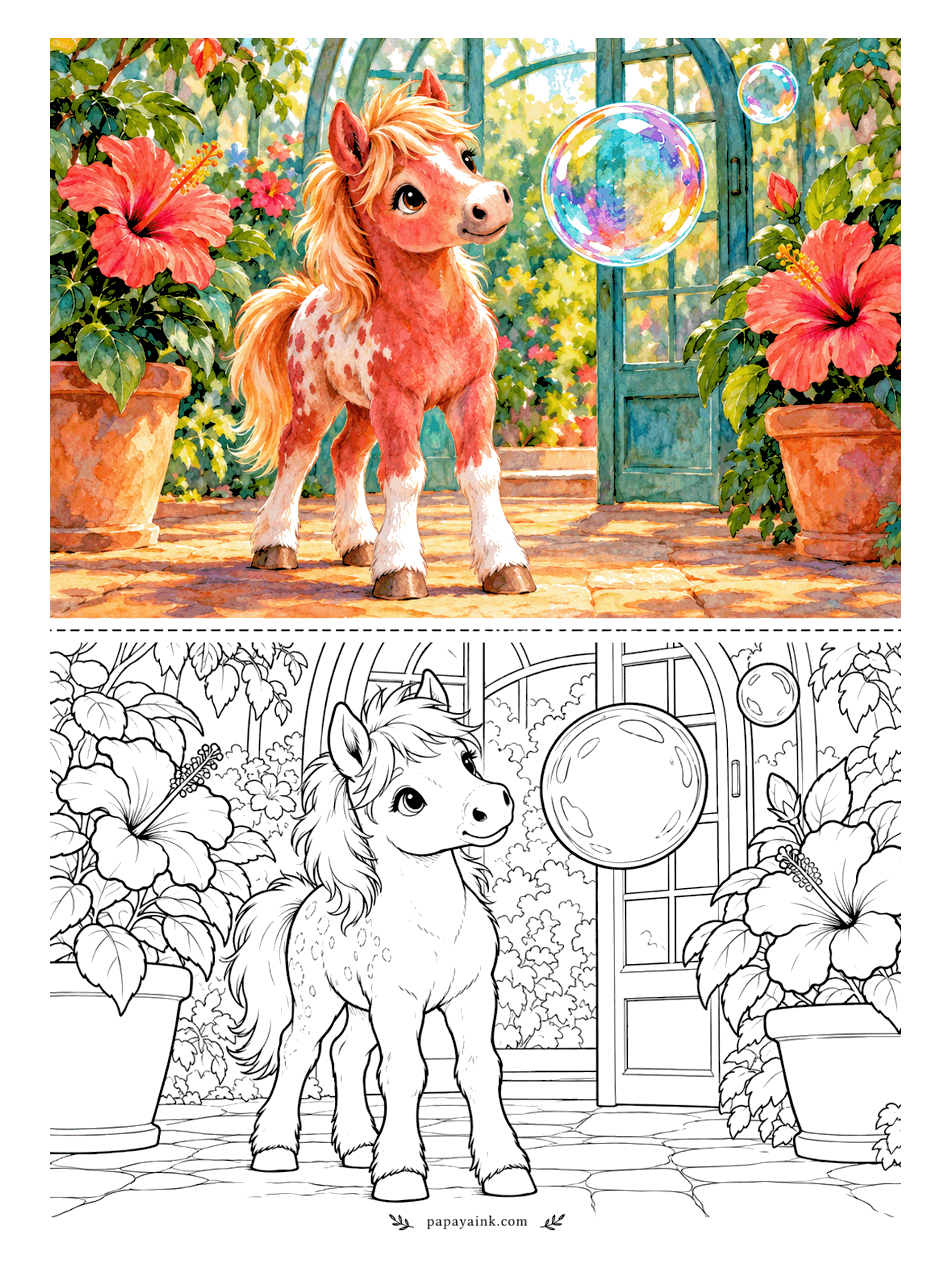 Cute Horse Coloring Pages - Soap bubble in the greenhouse. A strawberry roan foal - red coat flecked with white - watches it drift past the glass doors, hibiscus blooming in pots on both sides. Rainbow the bubble with the lightest touch.
