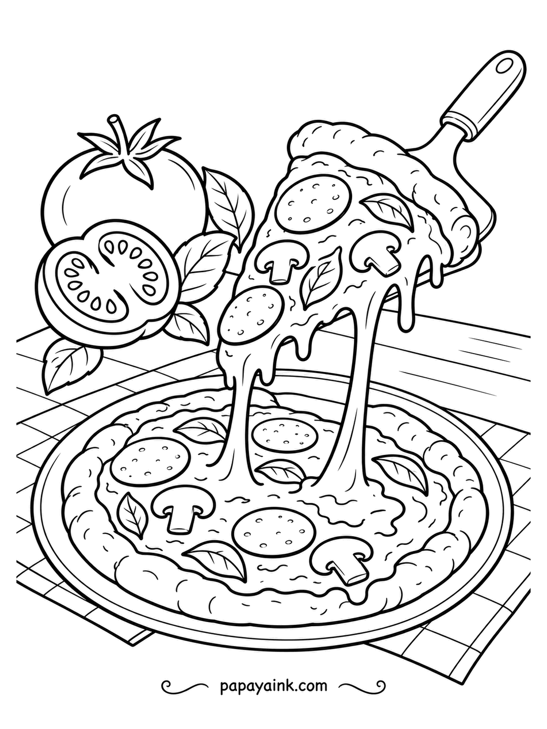 Pizza Coloring Pages - Lifted on a server, the slice trails two long ropes of cheese back to the pie below. Melted cheese is pale yellow with a slightly deeper tone where it drips and folds. Tomato halves and basil on the cloth.