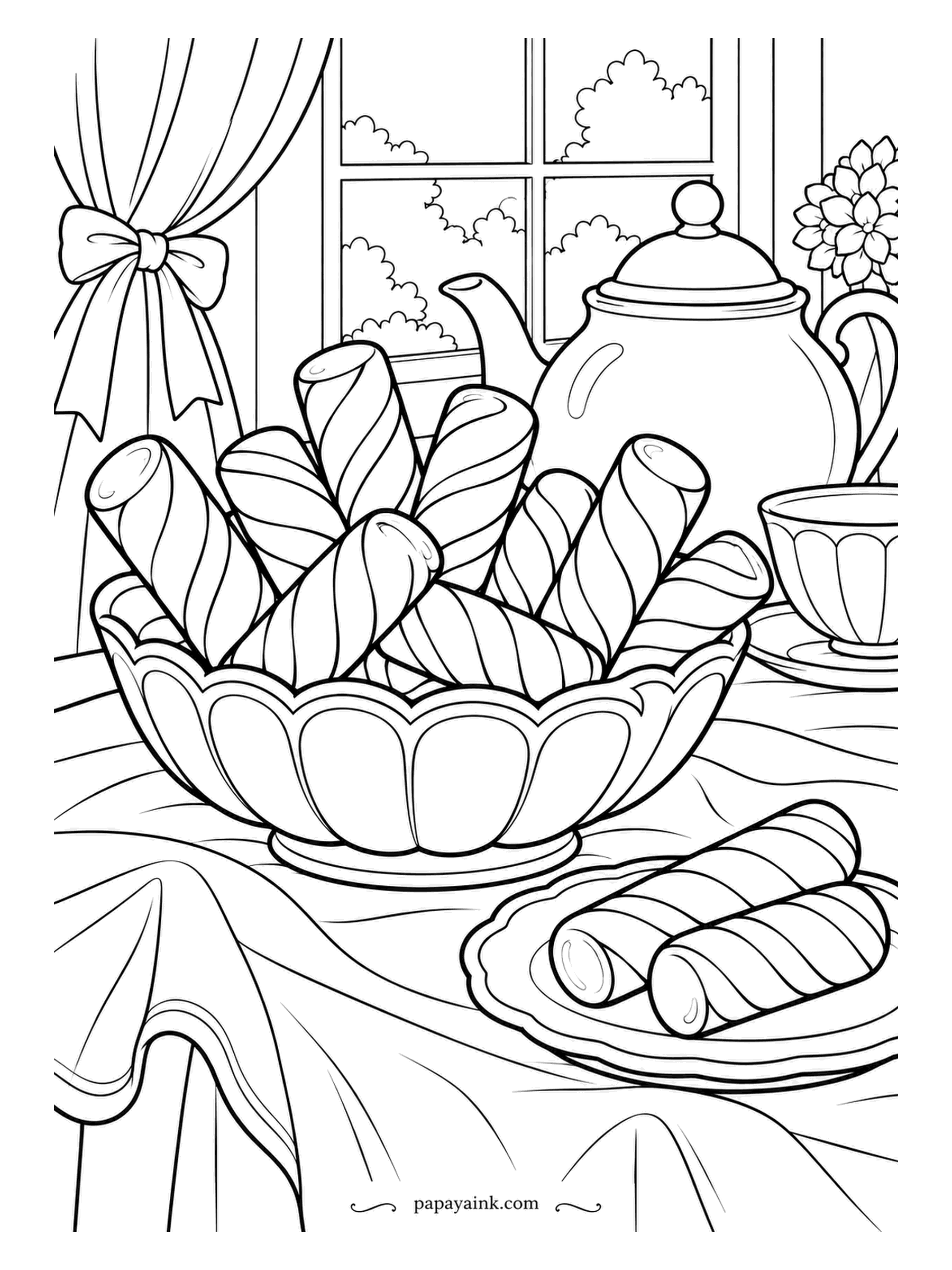 Candy Coloring Pages - Teatime, and the striped candy sticks are standing upright beside the teapot and cup. Two shorter ones wait on a saucer. Spiral stripes on them and a tie on the curtain - give both the same shade.