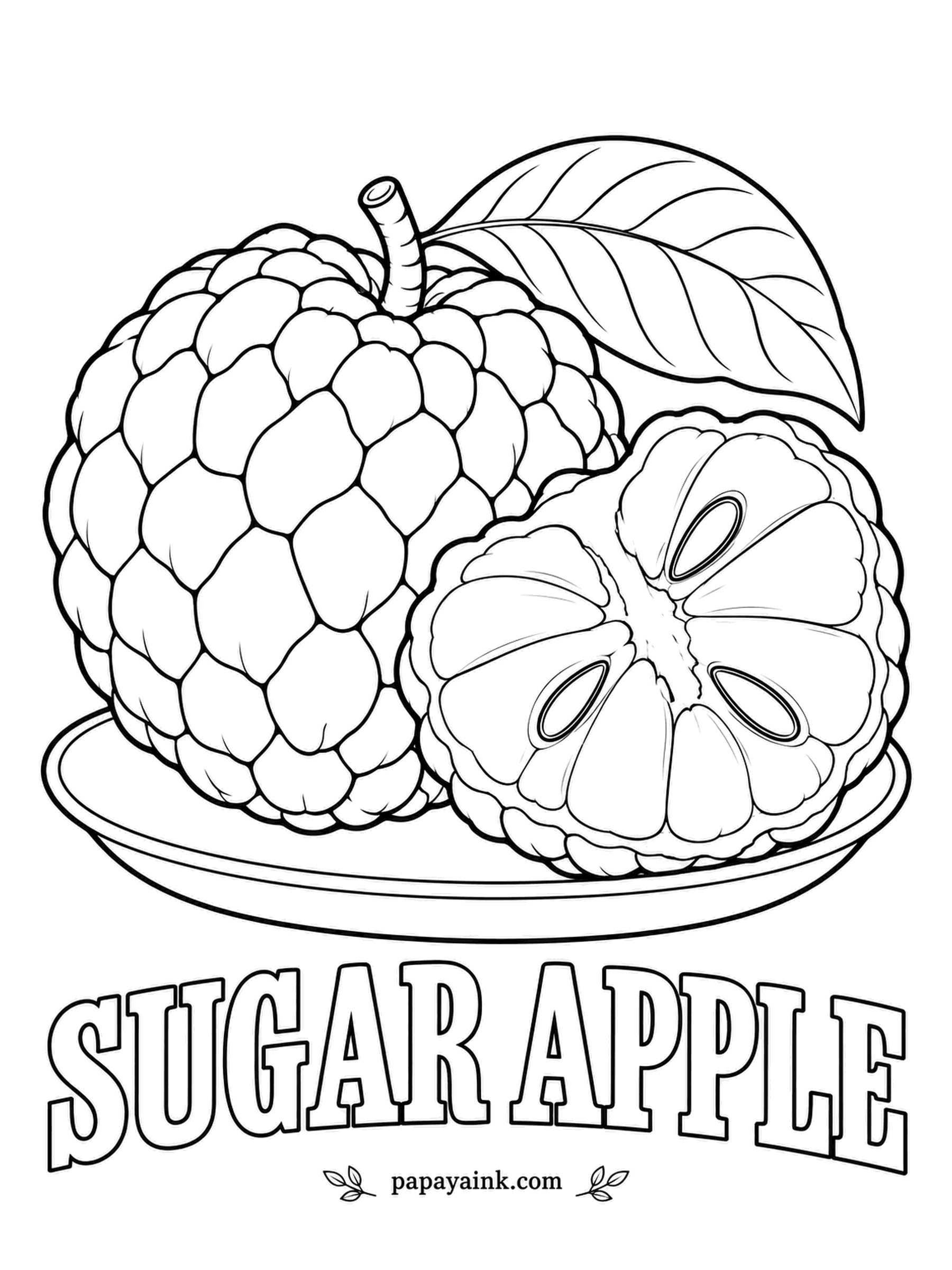 Printable Fruit Coloring Pages - Sugar apple breaks apart into knobs when it is ripe, each one holding a seed. Pale green outside with a darker line around every knob, sweet white custard under it, and dark seeds. Plenty of bumps, but each one is a big easy shape.