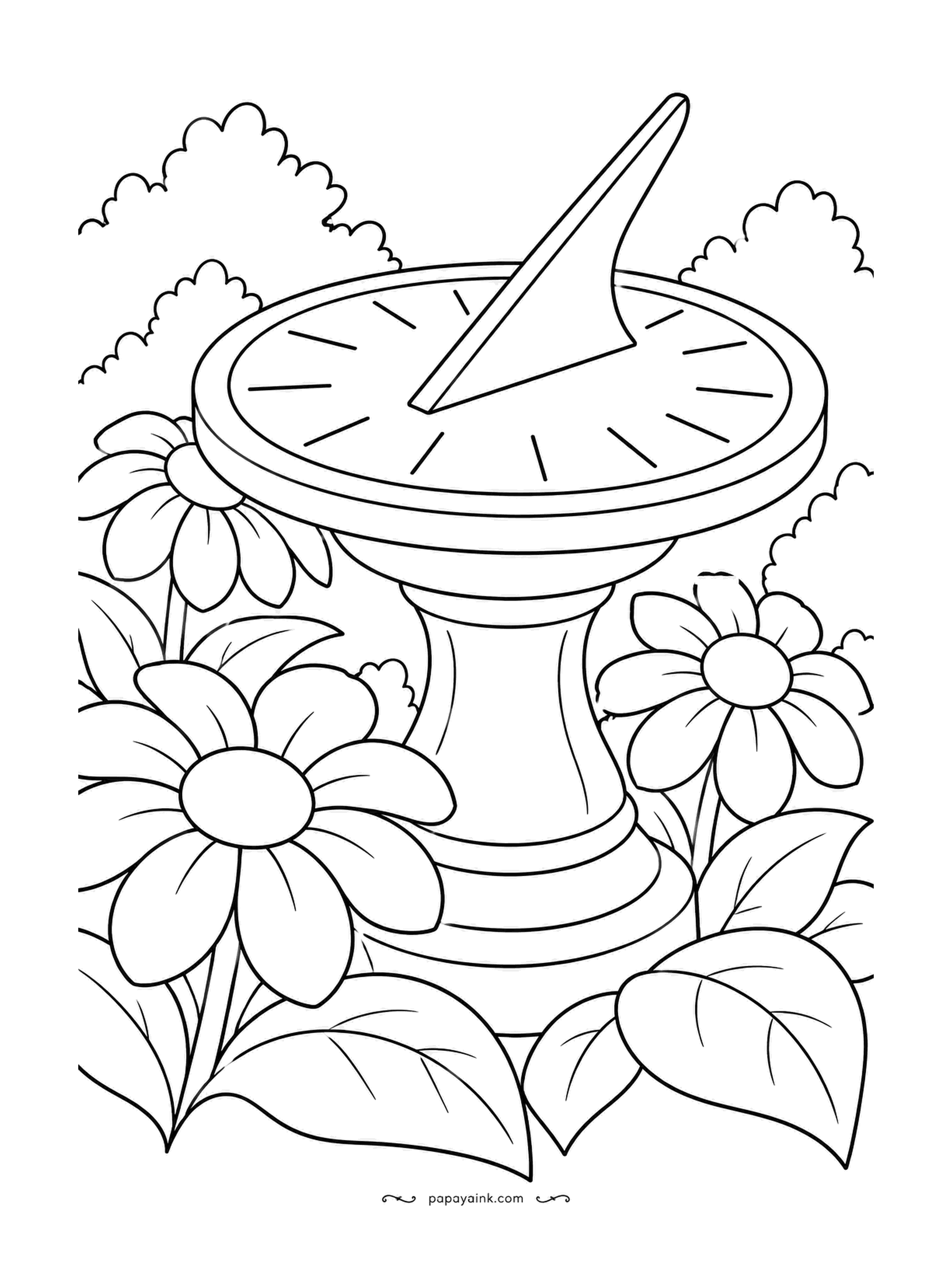 Garden Coloring Pages - A stone sundial on a pedestal, its pointer casting a shadow across the dial, with daisies crowding around the base. Mossy stone with a touch of green in the cracks looks older and better than clean white.
