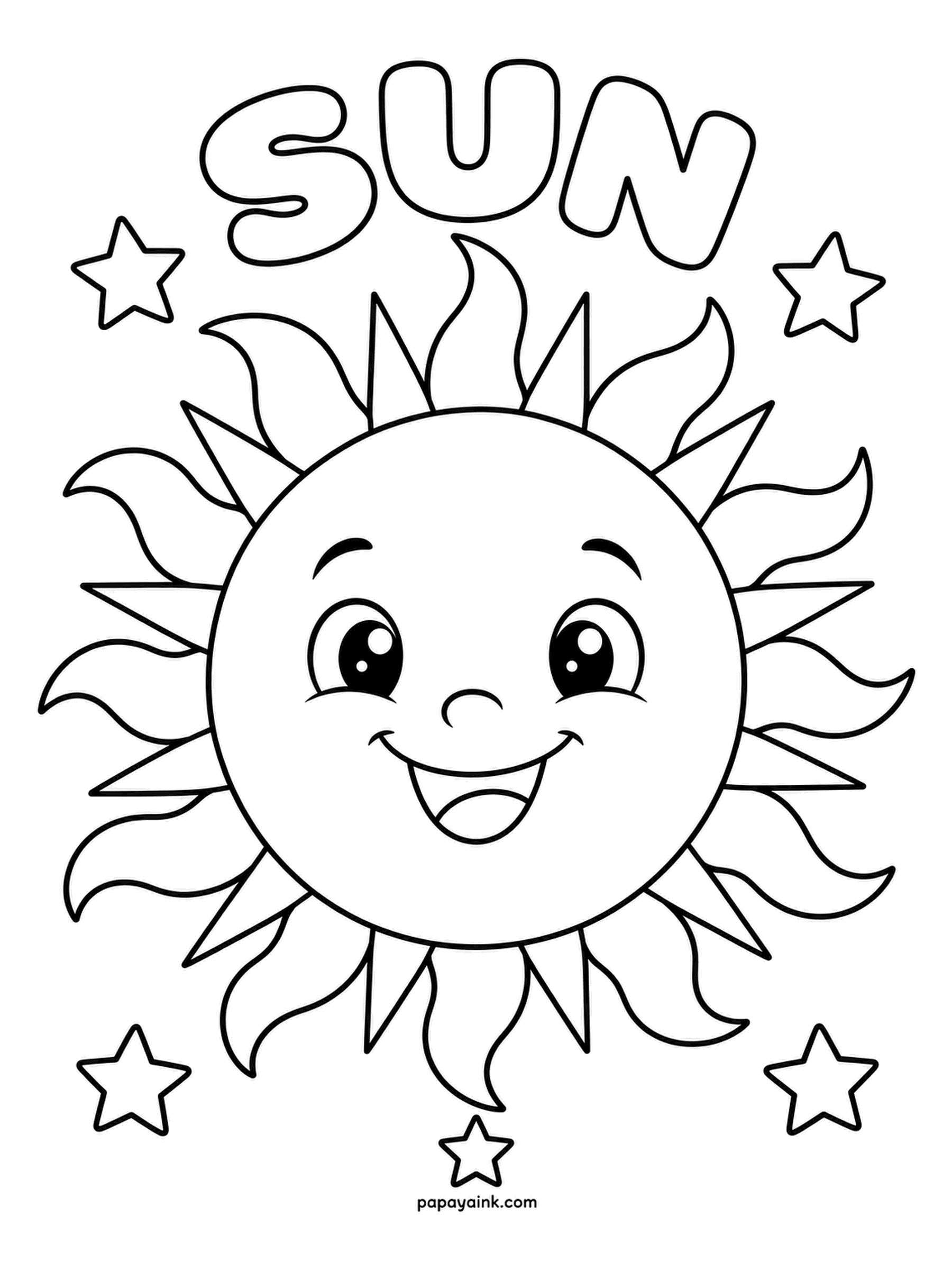 Planet Coloring Pages - The Sun with a friendly face, flaming rays and a ring of stars - the simplest page in the set. Pure yellow for the disc, amber and red for the flames, and it is a good one for the youngest hands at the table.