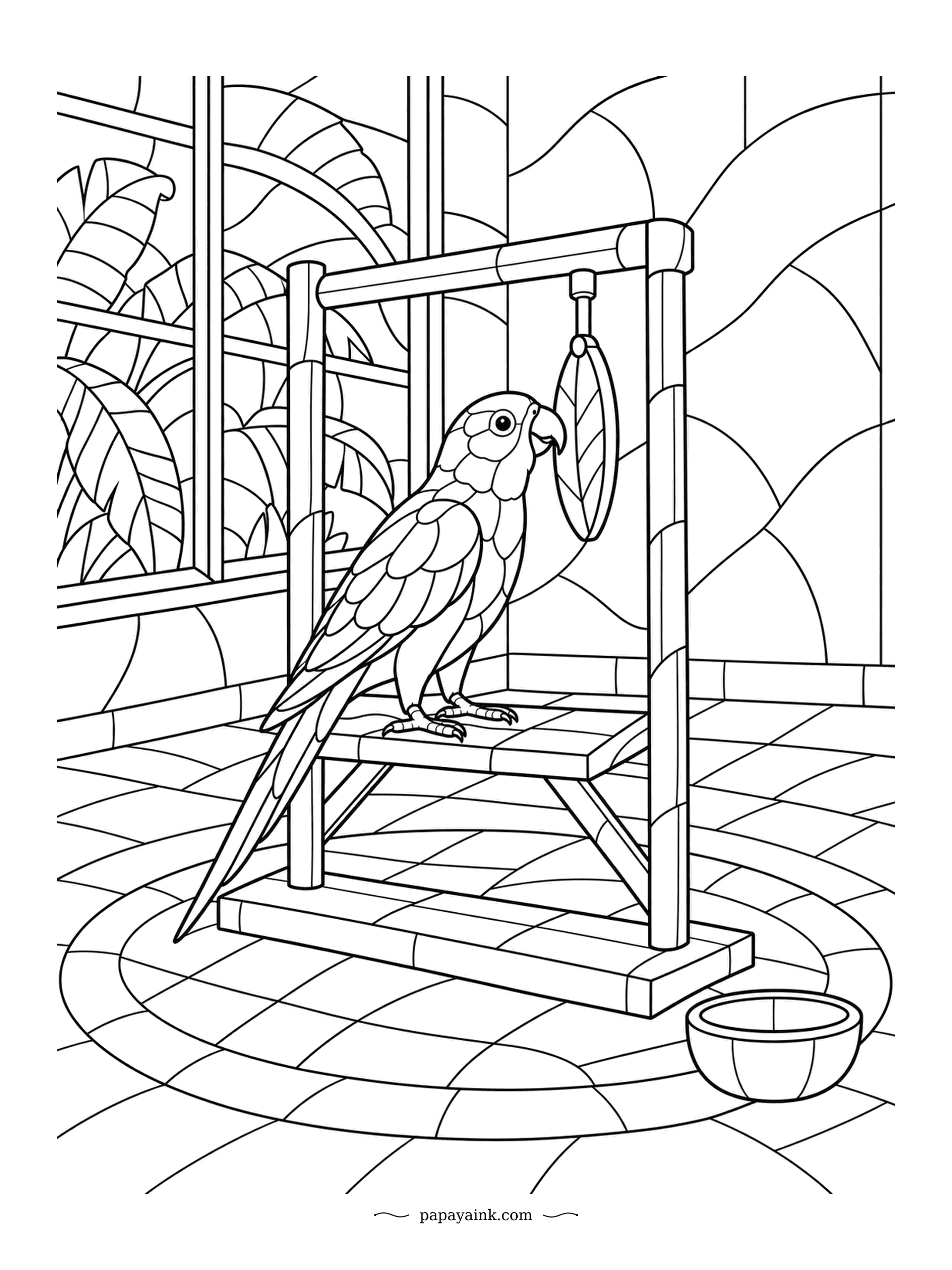 Parrot Coloring Pages - A wooden leaf on a hook, and a sun conure working out how to make it spin. In real life these birds glow yellow and orange, so save your boldest pencils. Stained-glass floor and walls for steady hands.