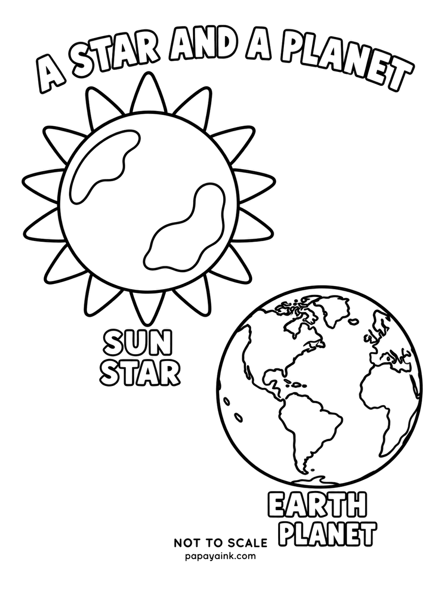 Planet Coloring Pages - A star and a planet: the Sun with its flaring rays and dark sunspots next to a much smaller Earth, both labeled with what they are. Blazing yellow and orange on one side, cool blue and green on the other.