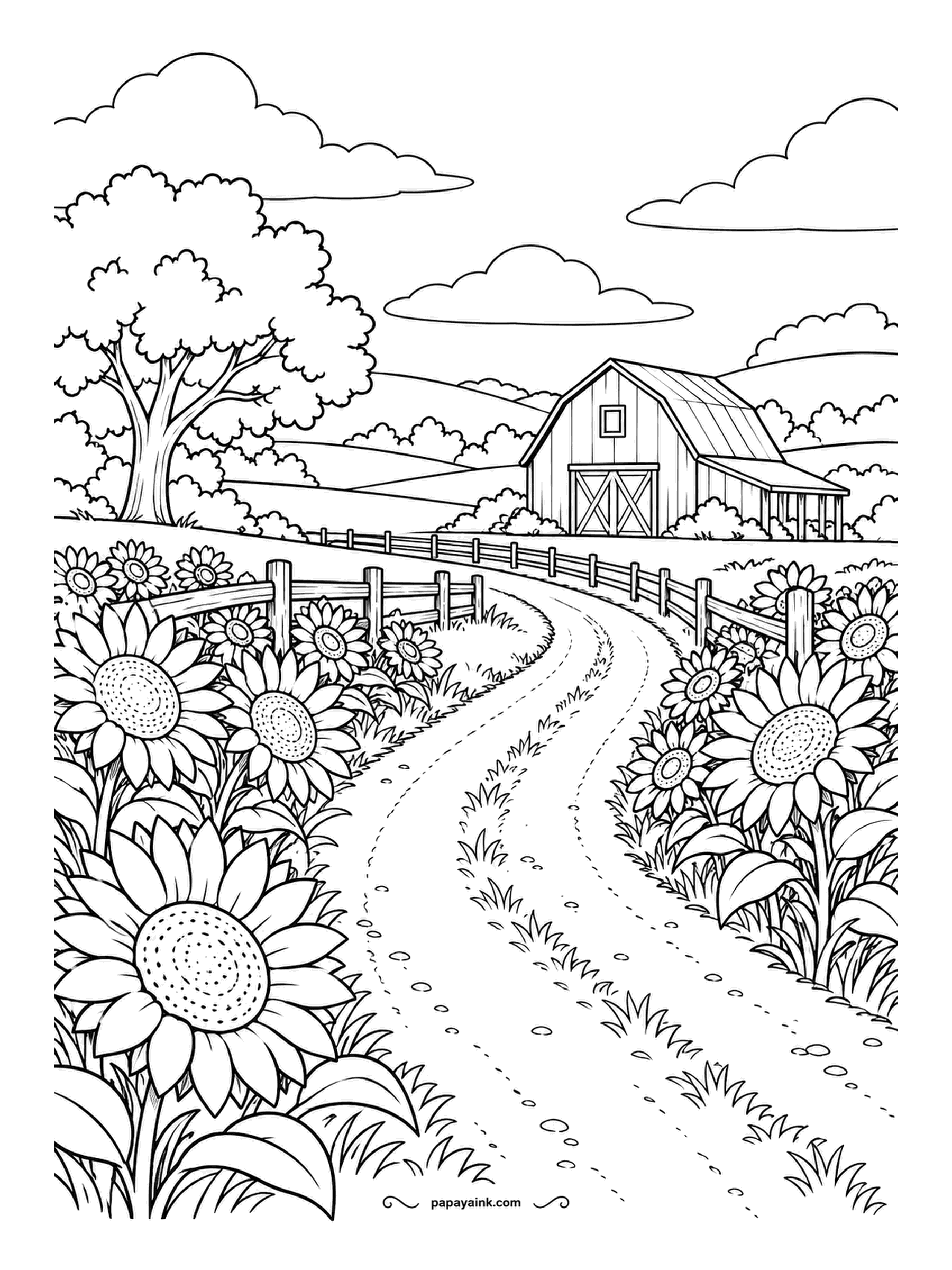 Farm Coloring Pages - Sunflower-lined dirt road winding toward a barn on the horizon, rail fences following it on both sides. The flowers in front stand taller than the barn in back - perspective, not giant sunflowers. Detailed - dozens of petals and seed heads.