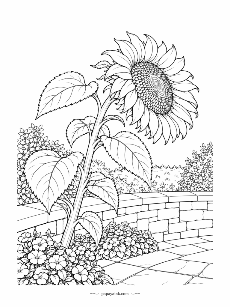 Sunflower Coloring Pages - One stalk, one head, and a whole stone wall to lean toward. The bloom tips over the coping as if checking the pavement below, with a low drift of little flowers at its feet. Clean lines and wide petals; a good first sheet.