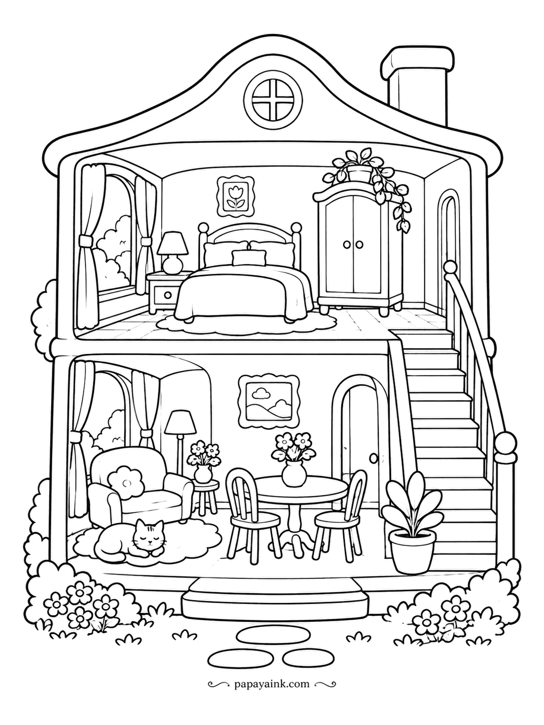 House Coloring Pages - The curved roof and round attic window give this dollhouse cutaway a fairy-tale look, with a staircase climbing from the dining room to the bedroom. A cat sleeps on the rug downstairs. Soft pastels upstairs, warmer tones below. Detailed.