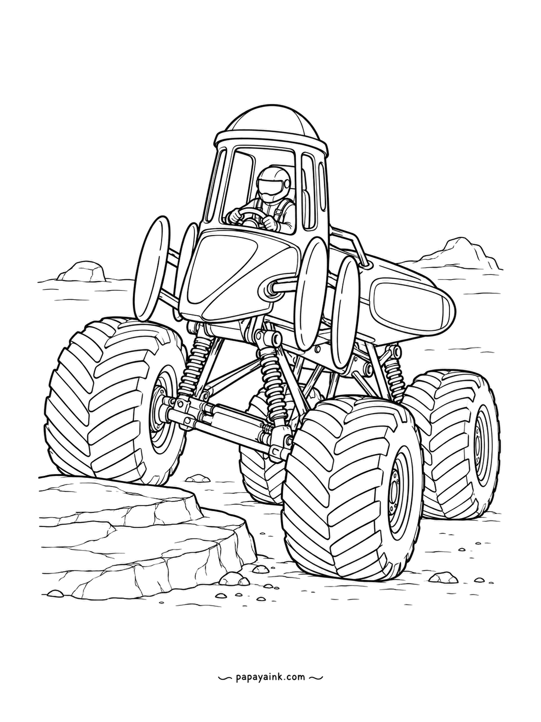 Monster Truck Coloring Pages - Thimble-shaped cab standing tall over paddle-like side panels, the driver looking down from the top. Split-level stone ledges underneath, flat horizon far off. Odd shapes, fun to color.