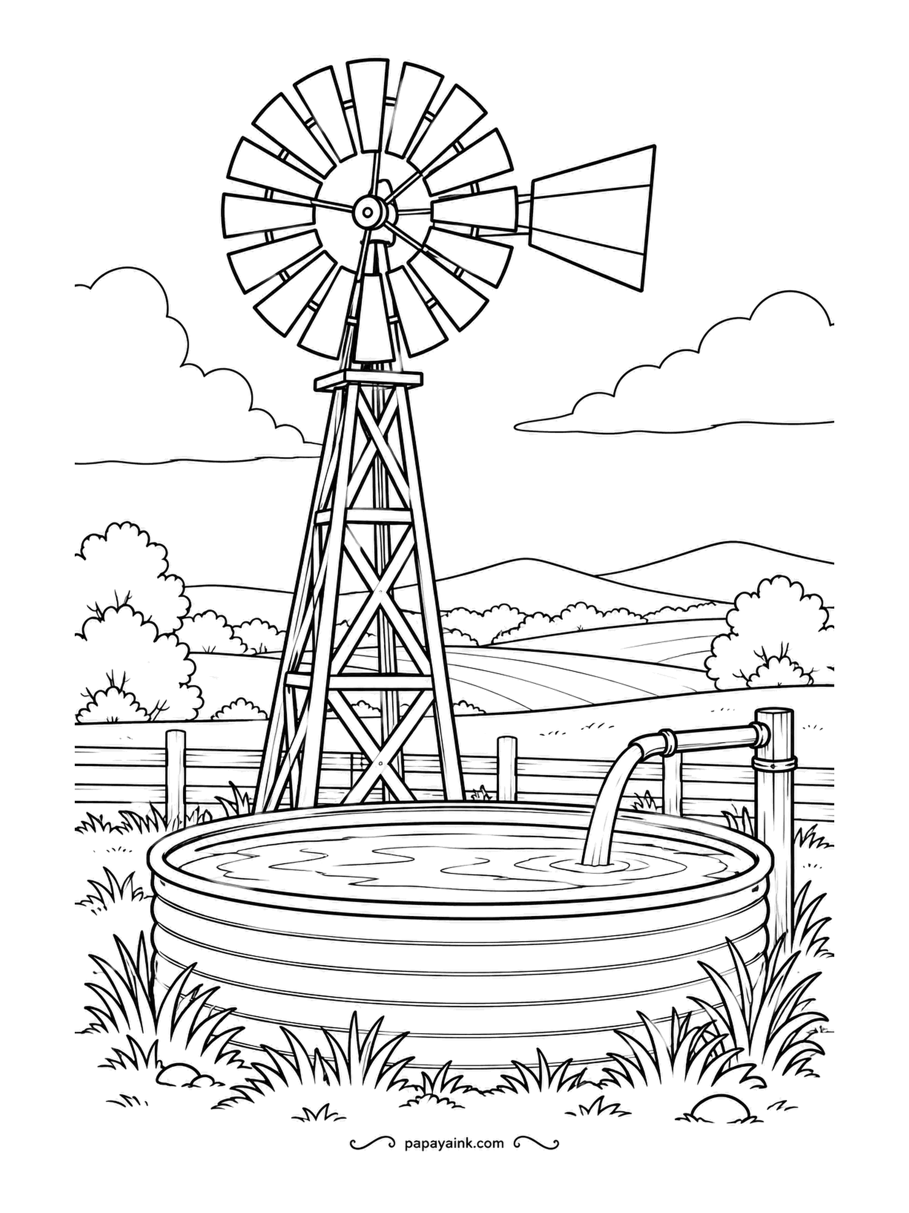 Farm Coloring Pages - Tall windmill on a steel tower pumping water into a round stock tank, the pipe spilling in at the rim. Behind it only hills, hedges and sky. White and gray blades against a strong blue, and a hint of reflection on the water.