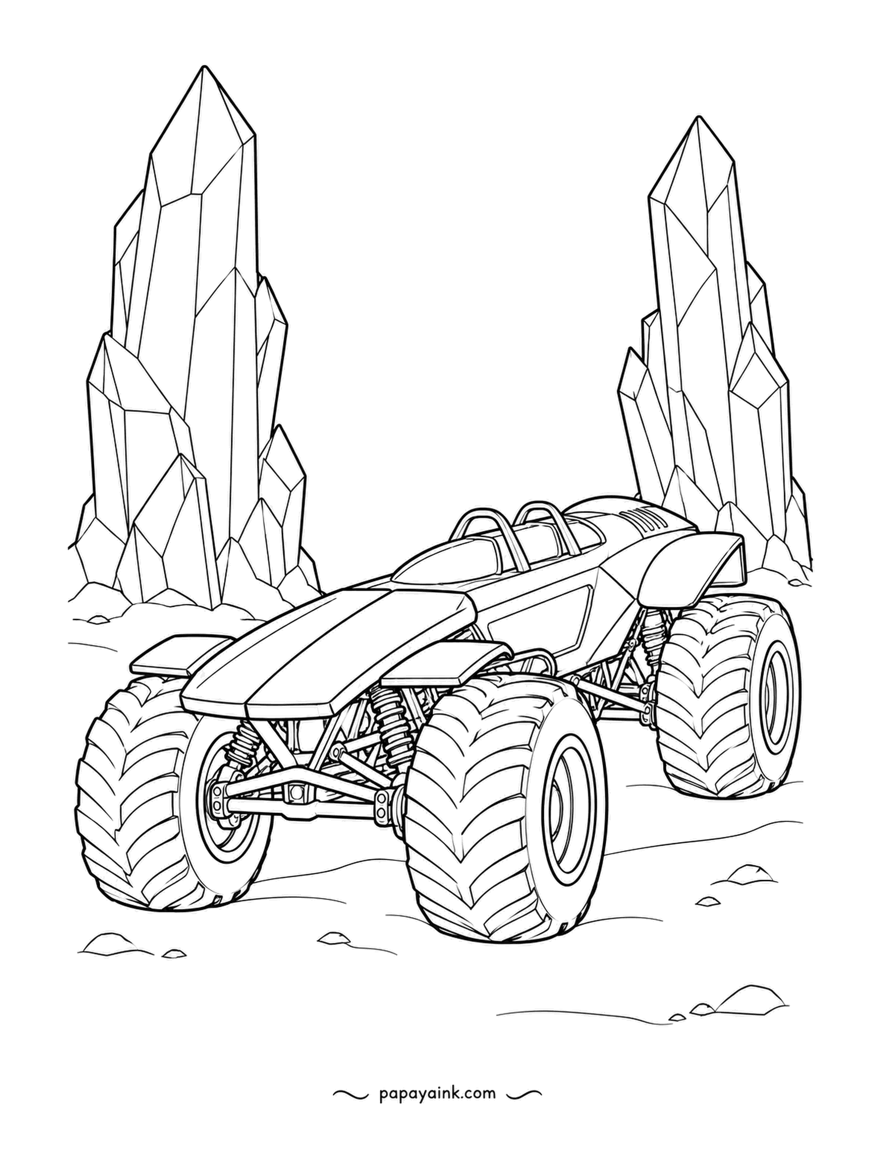 Monster Truck Coloring Pages - Twin crystal towers forming a gate, and a tandem-seat trench racer rolling between them with hoops over both seats. Faceted crystal takes a gradient well. Pebbles below.
