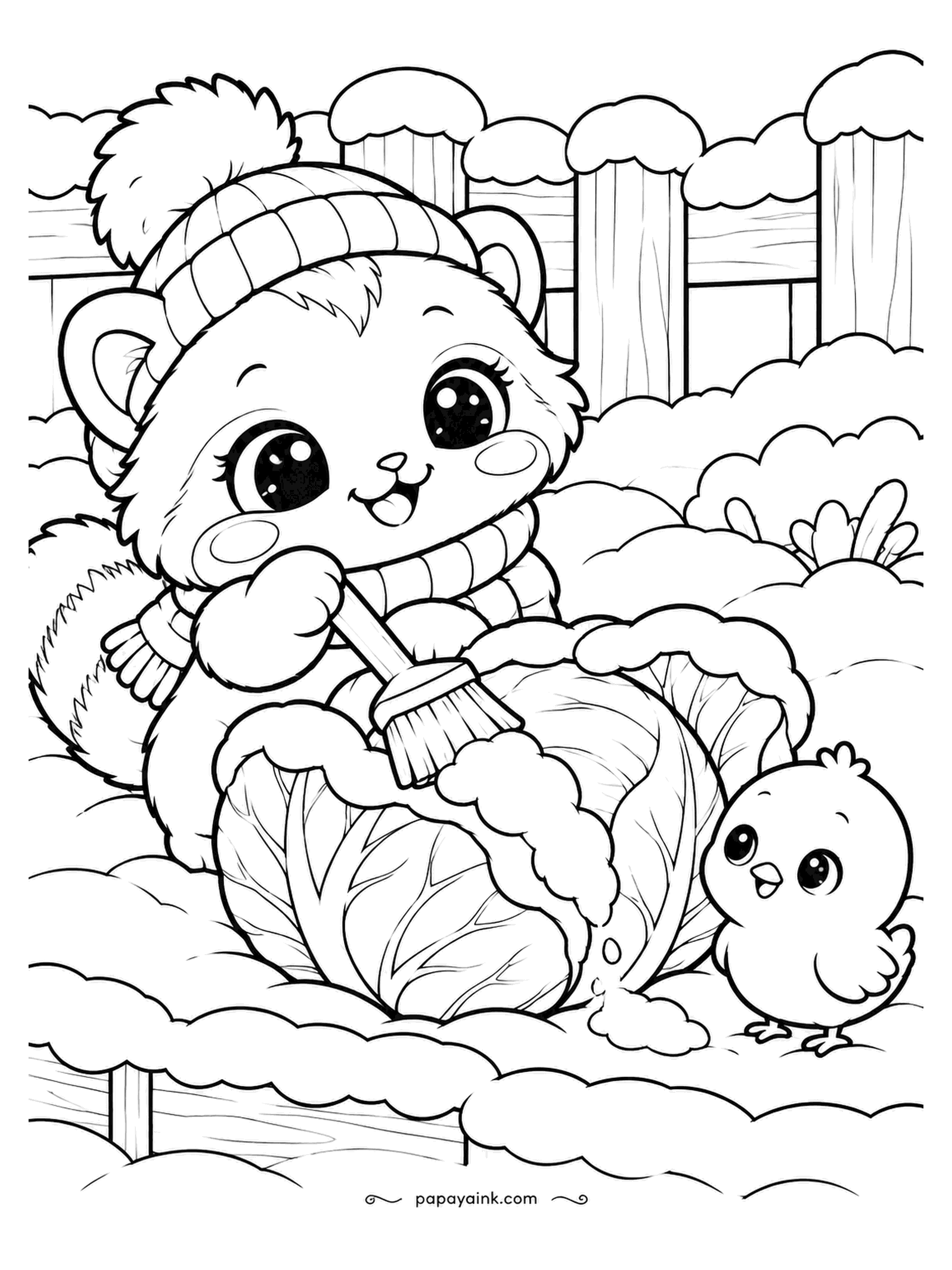 Kawaii Winter Coloring Pages - The tanuki brushes snow off a cabbage the size of a tanuki. The chick waits to see what is under it, which is more cabbage. Pale green on the leaves with darker veins; the fence can stay plain wood.