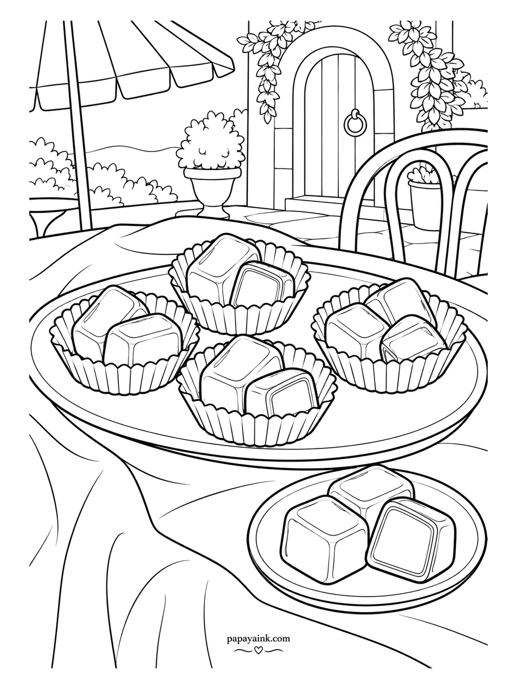 Candy Coloring Pages - Terrace cafe: caramel cubes in fluted cups on a platter, two more on a side dish, with an umbrella, an arched door and a bentwood chair. Amber squares, cream fluting, the door in green.