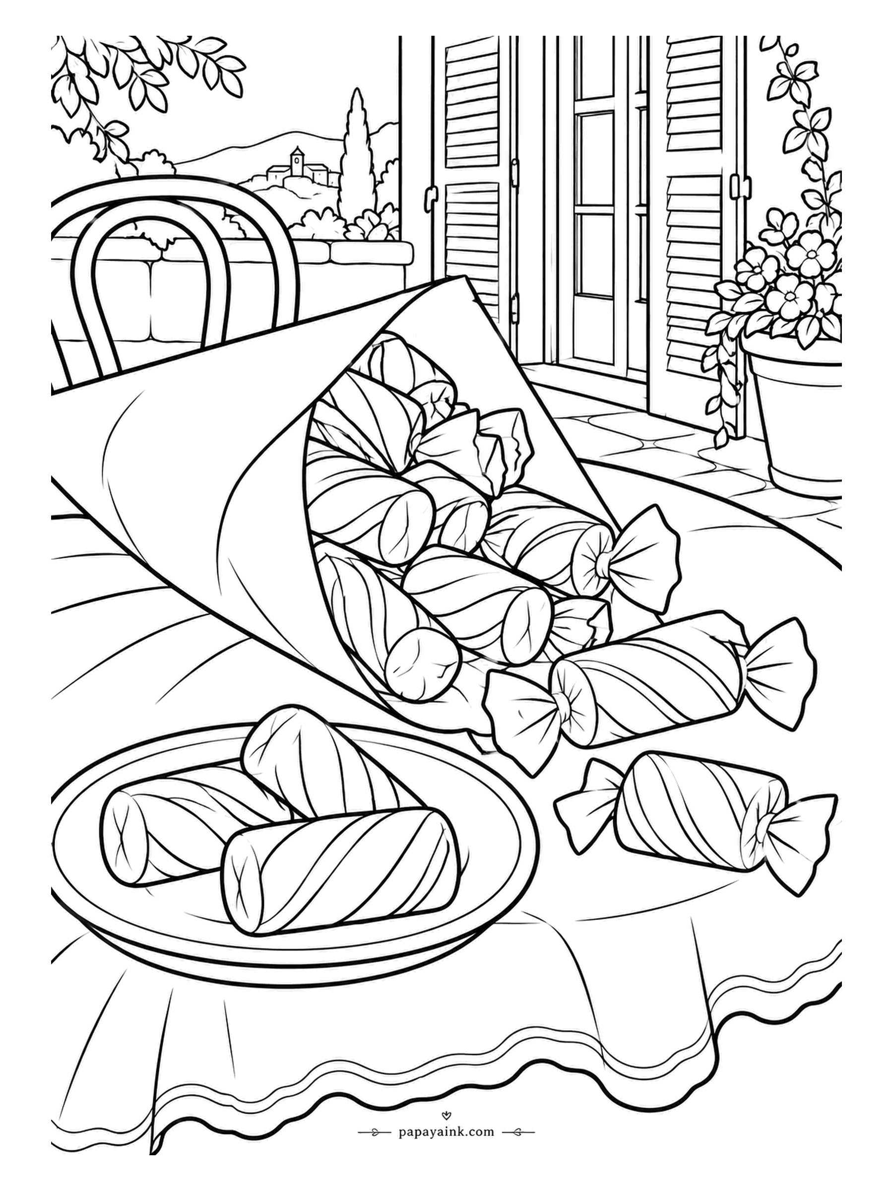 Candy Coloring Pages - Taffy, still wrapped, slides from a paper cone on the terrace table, a plate of bare pieces in front, shutters and a hill town beyond. Twisted wrappers in pastel, the taffy striped.
