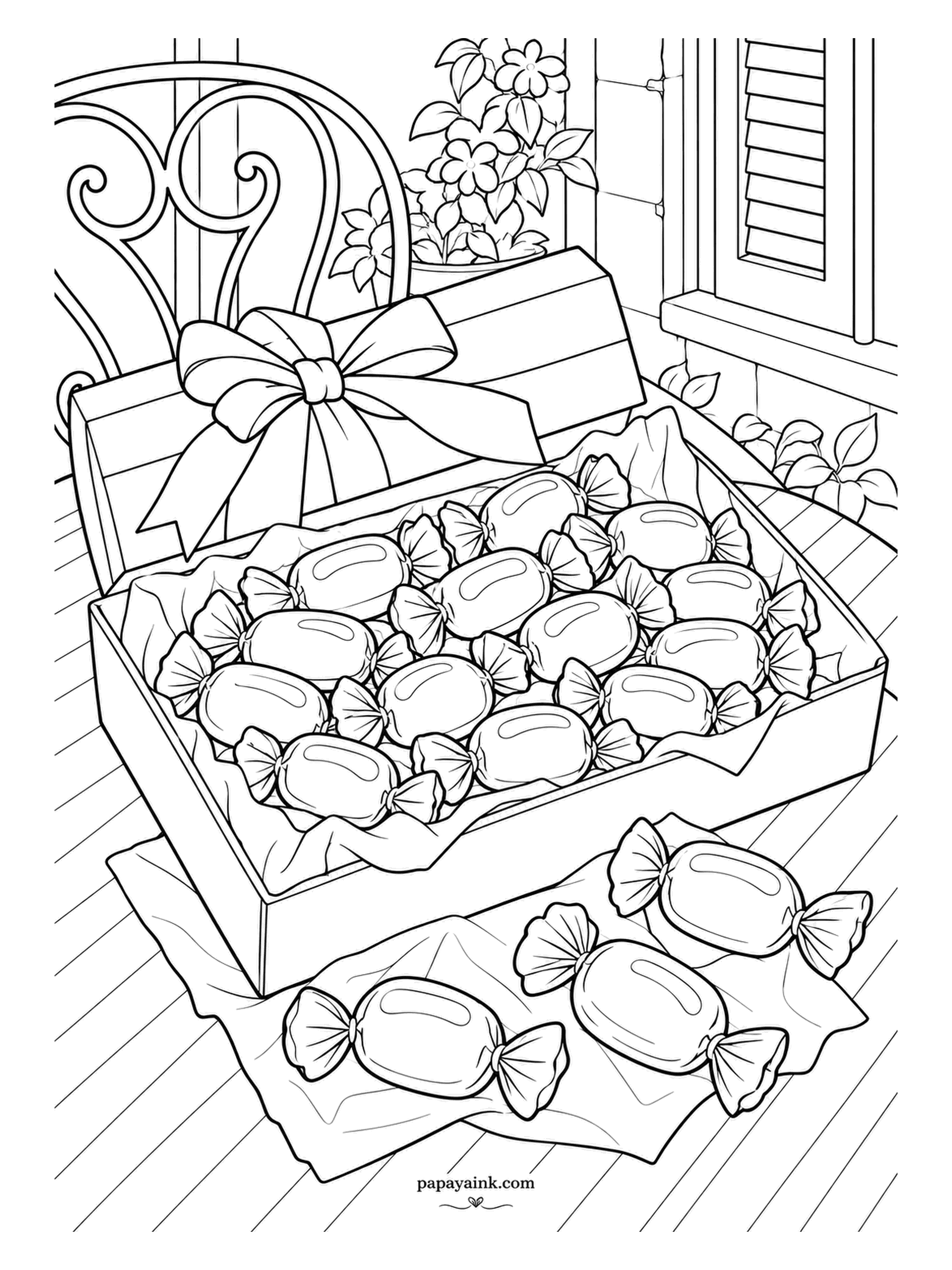 Candy Coloring Pages - A gift box on the terrace chair, its ribboned lid tilted back, full of wrapped candies in tissue paper. Some lie just outside the box, nearer the shutters and a pot of flowers. Hold the wrappers to one pastel family.