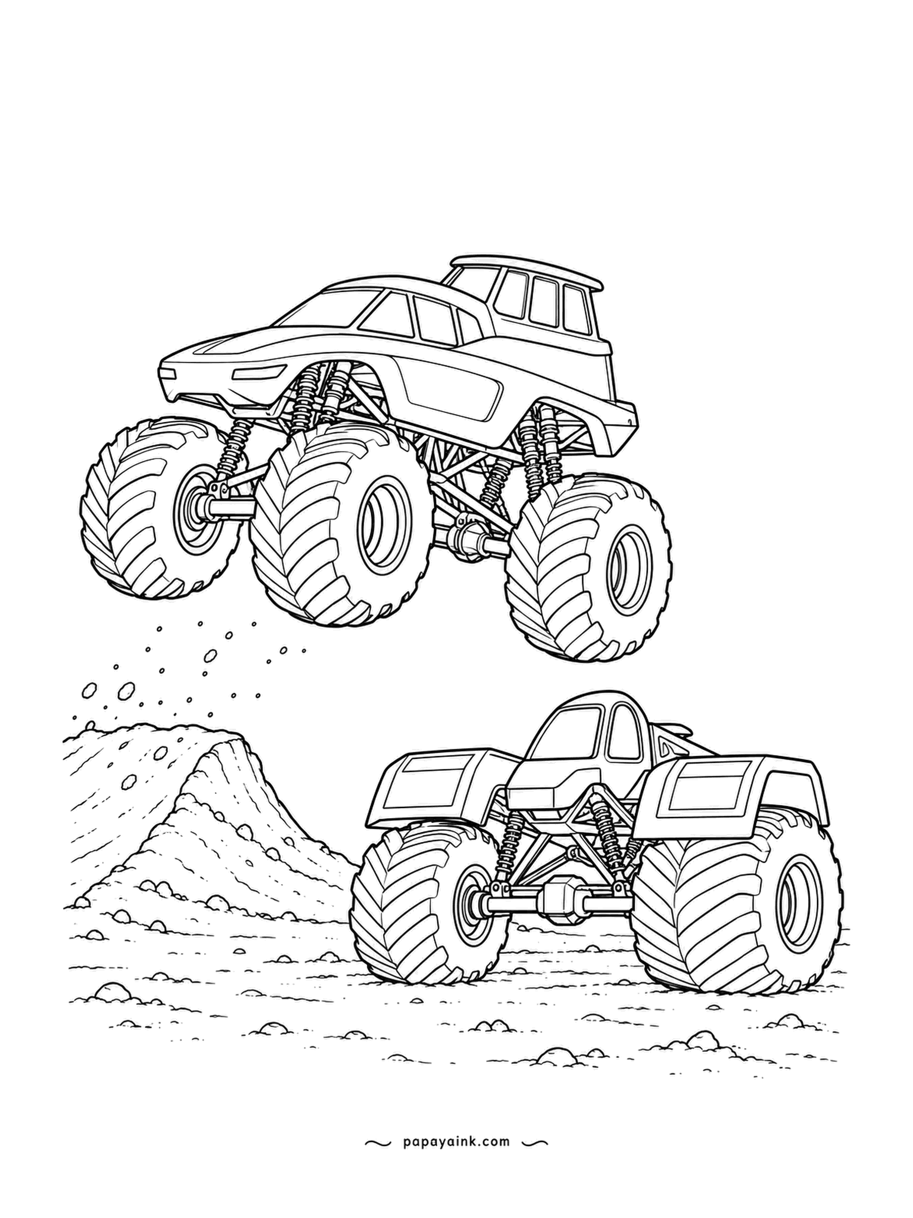 Monster Truck Coloring Pages - Stadium dirt: one truck still in the air off the mound, the terrace-windowed explorer already landed and rolling. Spray of dirt from the ramp. Brown ground, two different paint jobs.