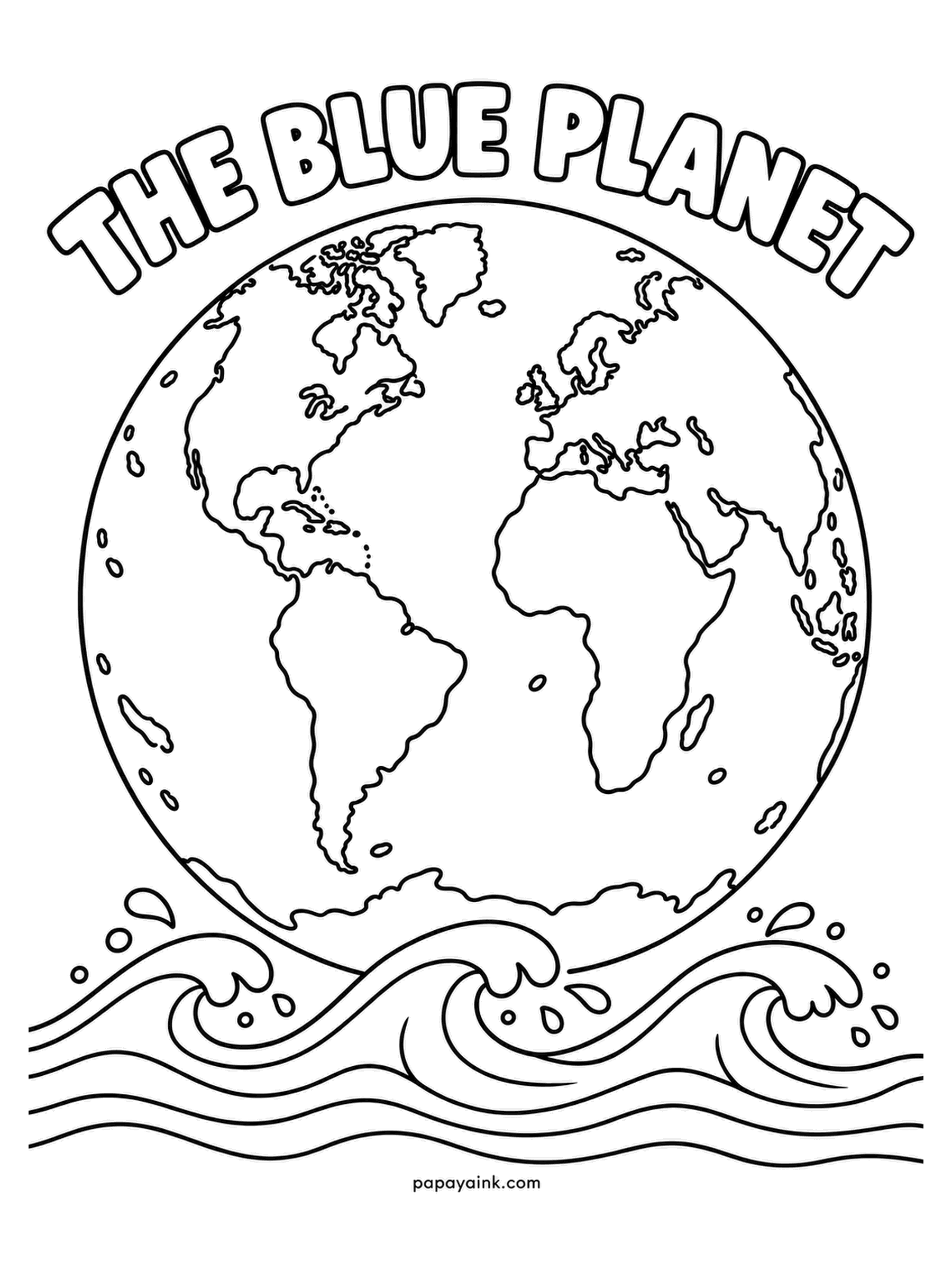 Earth Coloring Pages - The nickname comes from the view from orbit, where water dominates and the land looks like scattered patches. This globe is as large as the sheet allows, with surf breaking underneath. One of the simplest designs in the set - ideal for crayons and markers.